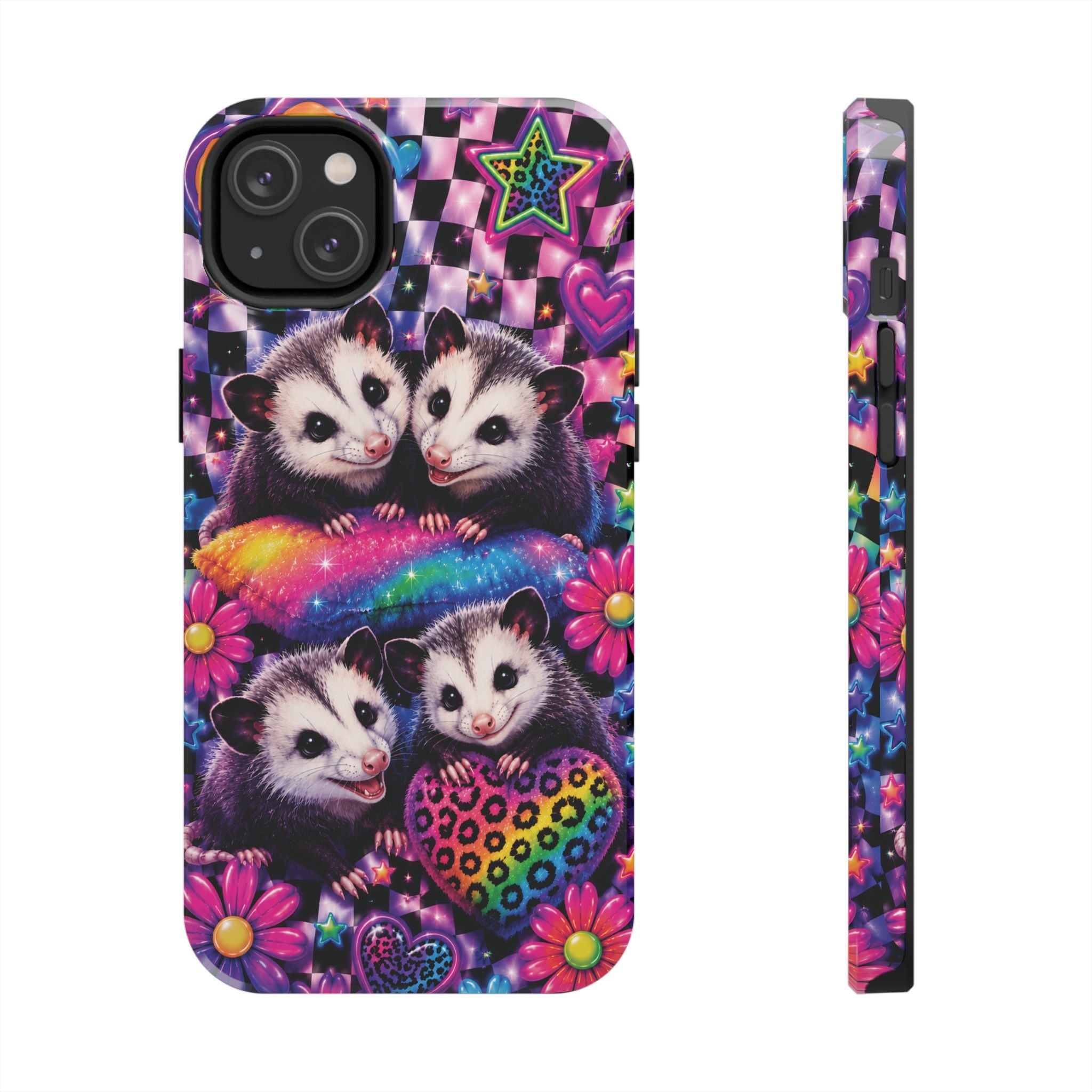 Cute 90's Retro Opossums Phone Case | Neon Flowers, Checkerboard Design Iphone Samsung Phone Case