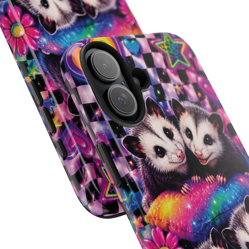 Cute 90's Retro Opossums Phone Case | Neon Flowers, Checkerboard Design Iphone Samsung Phone Case