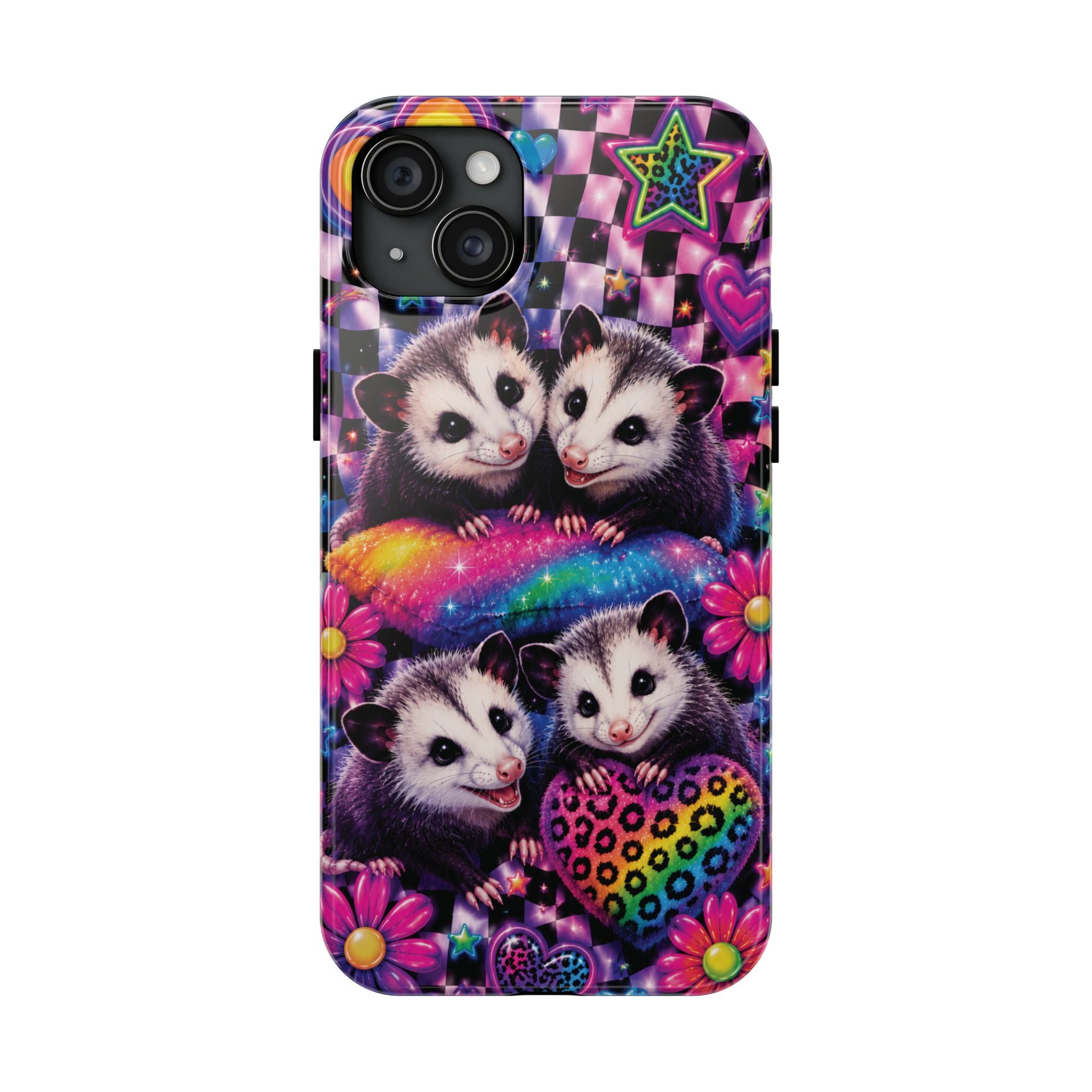 Cute 90's Retro Opossums Phone Case | Neon Flowers, Checkerboard Design Iphone Samsung Phone Case