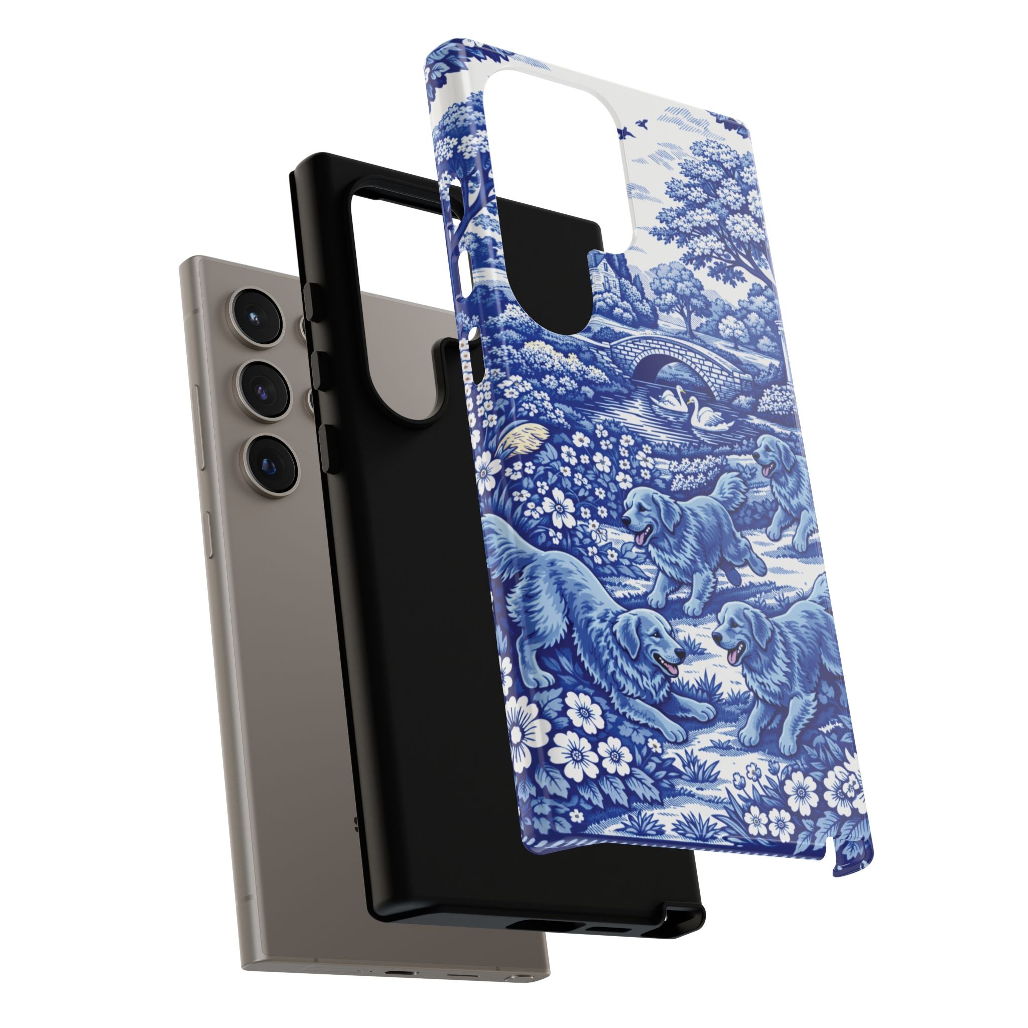 Golden Retriever Tough Phone Case, Chinoiserie Blue Dog Pattern, French Toile Aesthetic