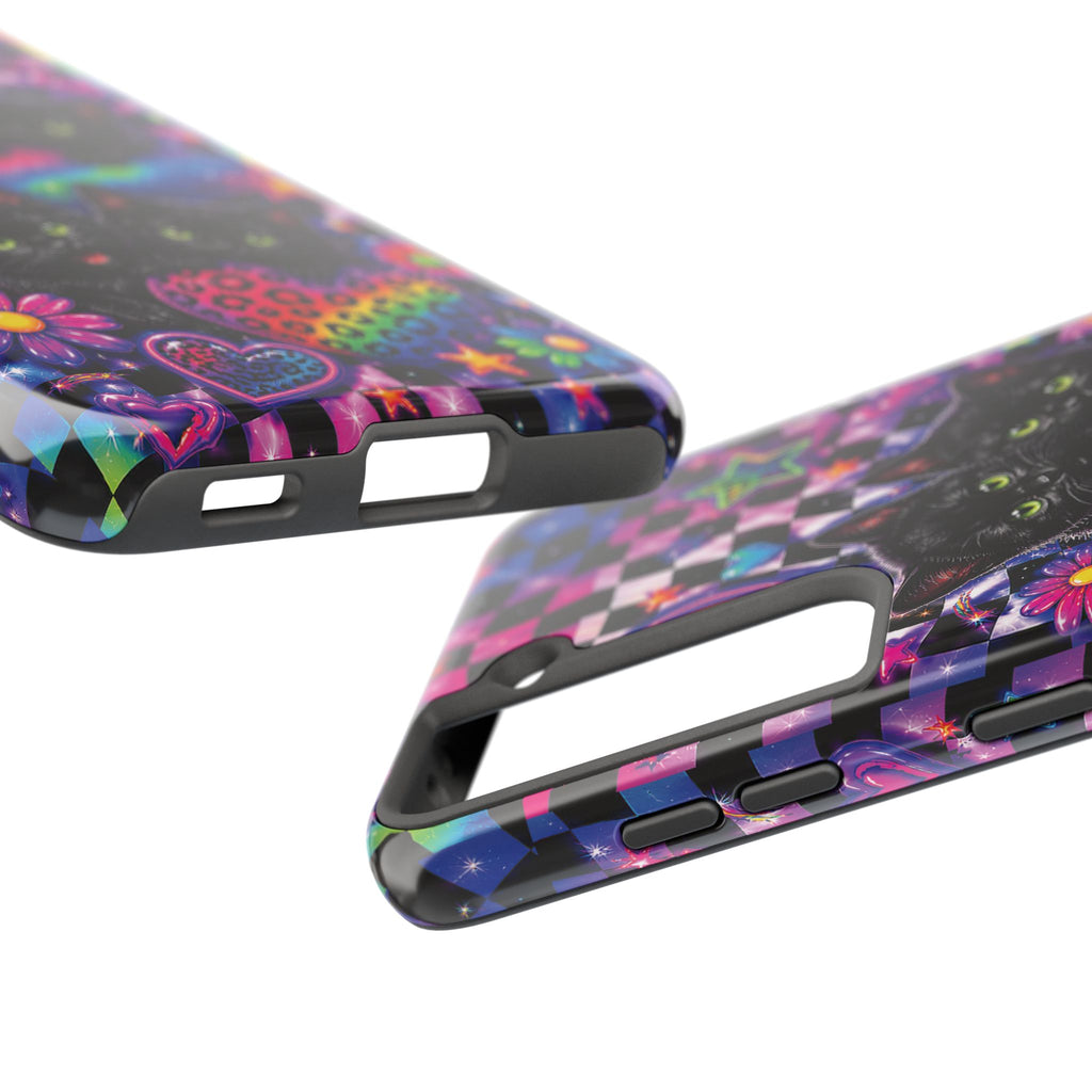 Cute 90's Retro Black Cats Phone Case | Neon Flowers, Checkerboard Design Iphone Samsung Phone Case