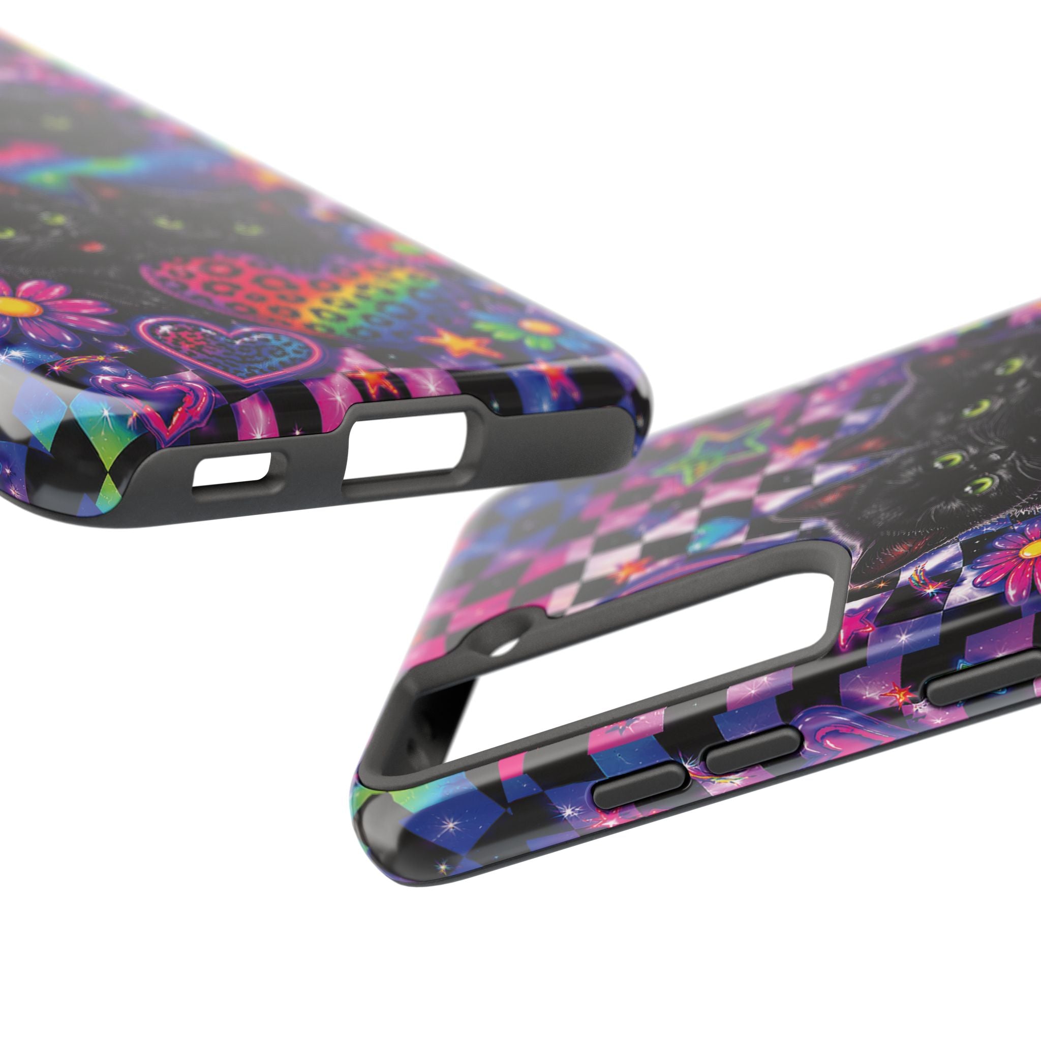Cute 90's Retro Black Cats Phone Case | Neon Flowers, Checkerboard Design Iphone Samsung Phone Case