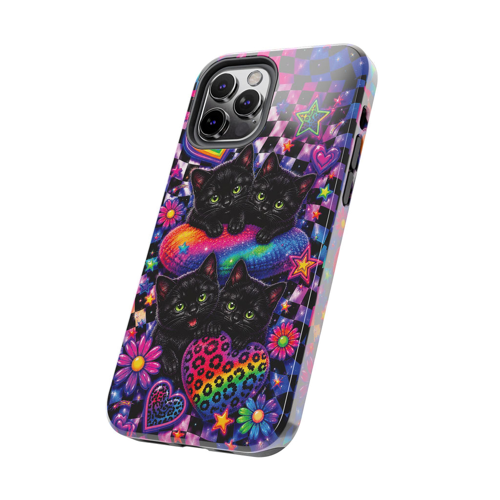 Cute 90's Retro Black Cats Phone Case | Neon Flowers, Checkerboard Design Iphone Samsung Phone Case