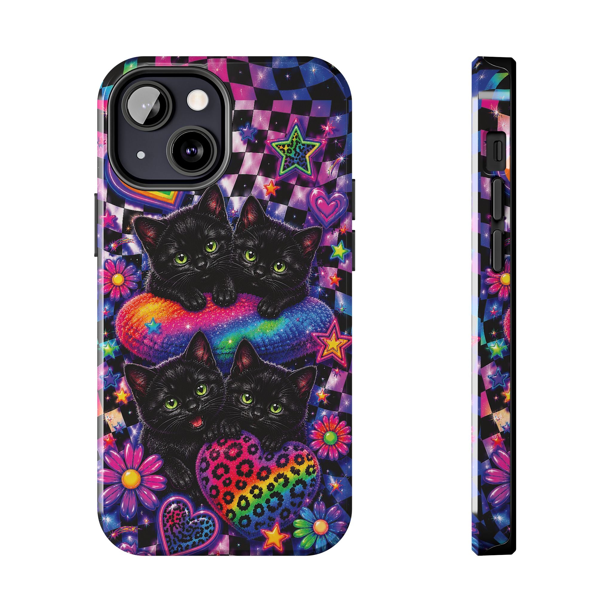Cute 90's Retro Black Cats Phone Case | Neon Flowers, Checkerboard Design Iphone Samsung Phone Case