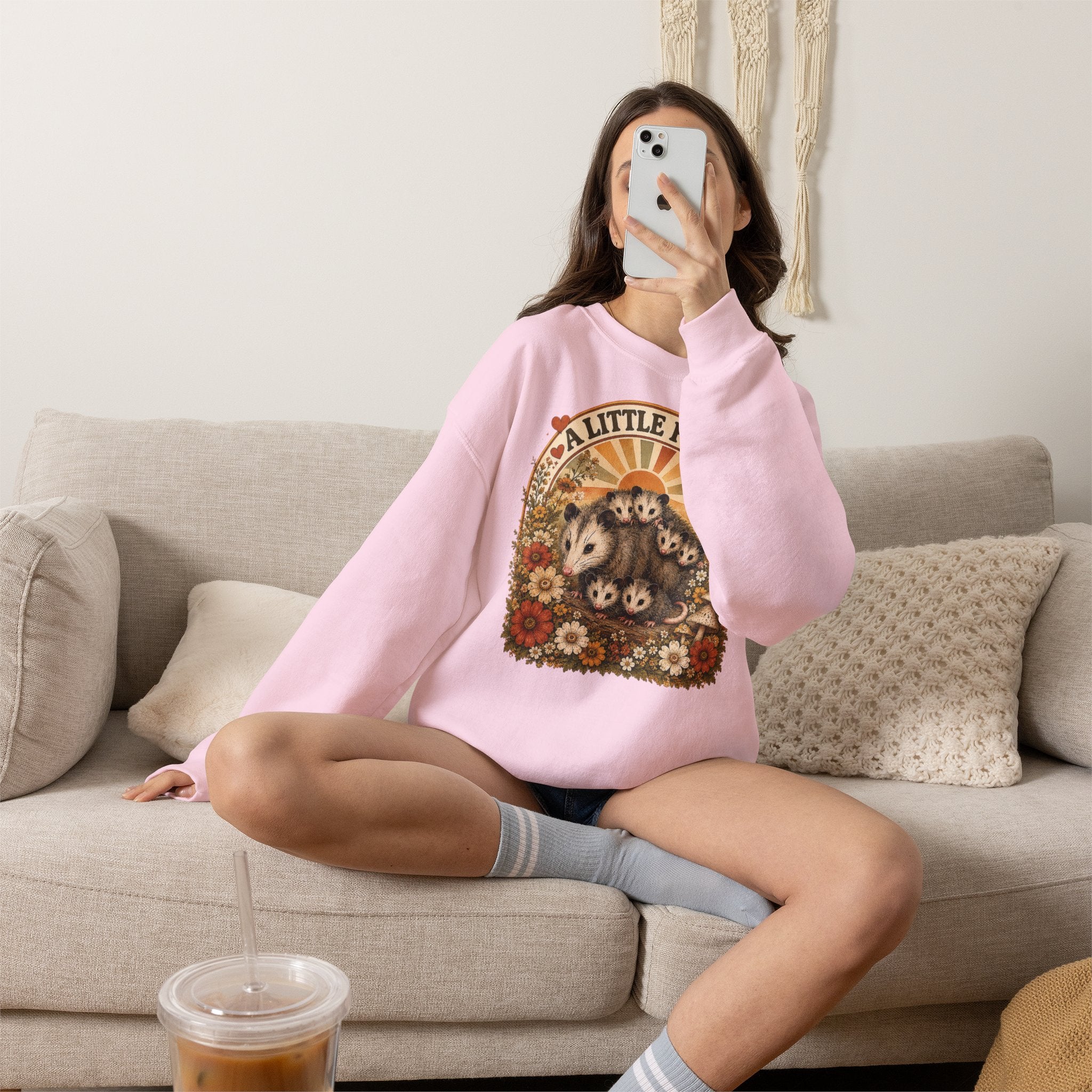 Retro Cute Opossum Sweatshirt | Vintage Floral Design, 1970's Style Sweatshirt Graphic