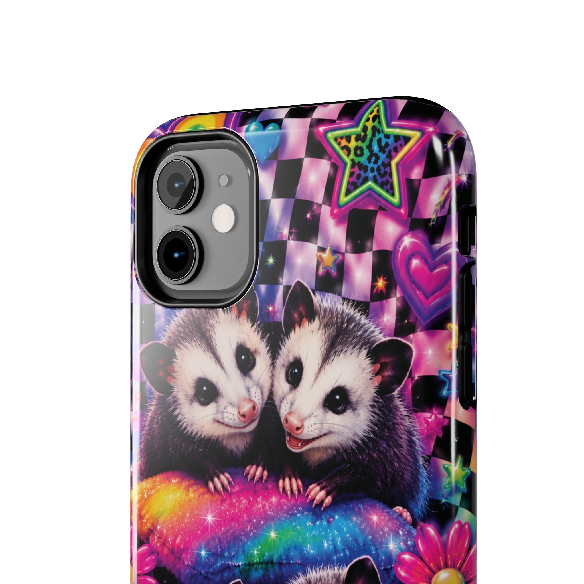 Cute 90's Retro Opossums Phone Case | Neon Flowers, Checkerboard Design Iphone Samsung Phone Case
