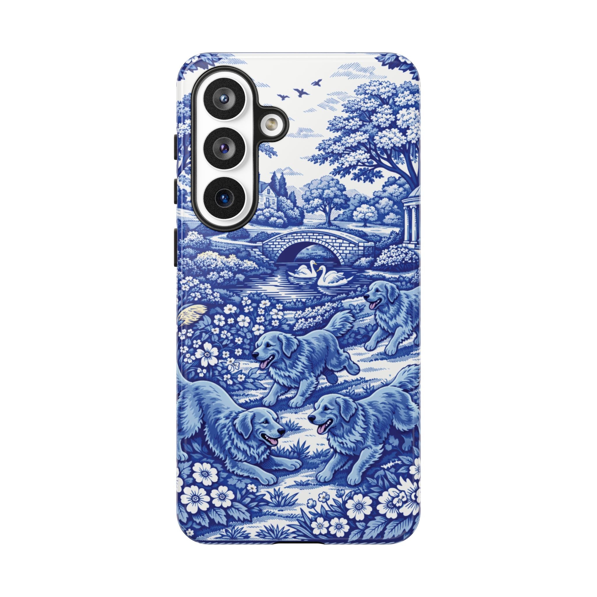 Golden Retriever Tough Phone Case, Chinoiserie Blue Dog Pattern, French Toile Aesthetic
