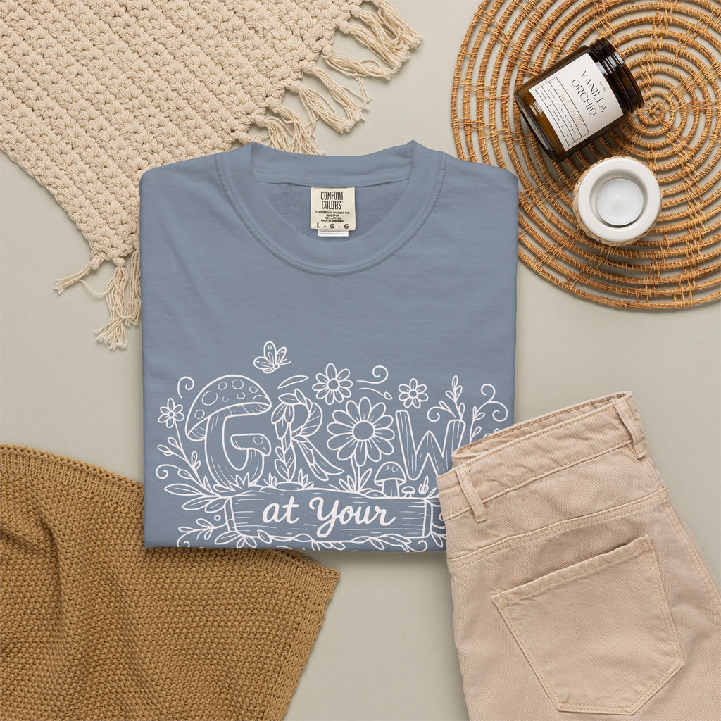 Grow at Your Own Pace Shirt, Comfort Colors Tee, Wildflower Mushroom Doodle Design, Minimalist Botanical Tee | Cottagecore Nature Graphic