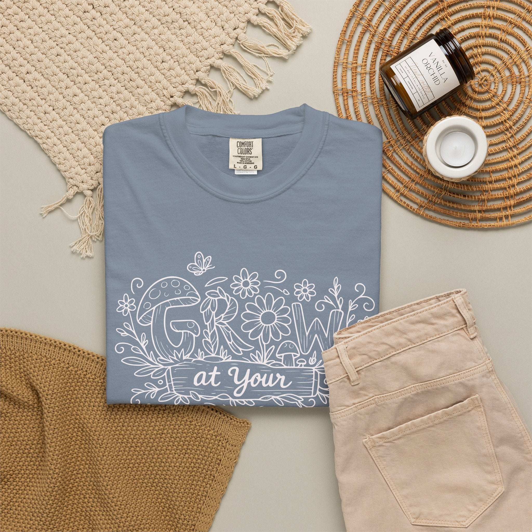 Grow at Your Own Pace Shirt, Comfort Colors Tee, Wildflower Mushroom Doodle Design, Minimalist Botanical Tee | Cottagecore Nature Graphic