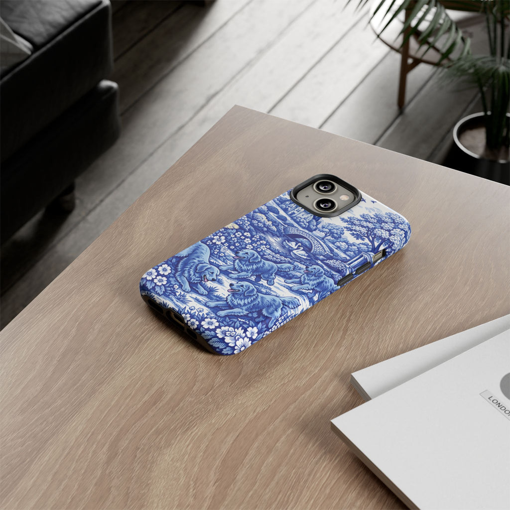 Golden Retriever Tough Phone Case, Chinoiserie Blue Dog Pattern, French Toile Aesthetic