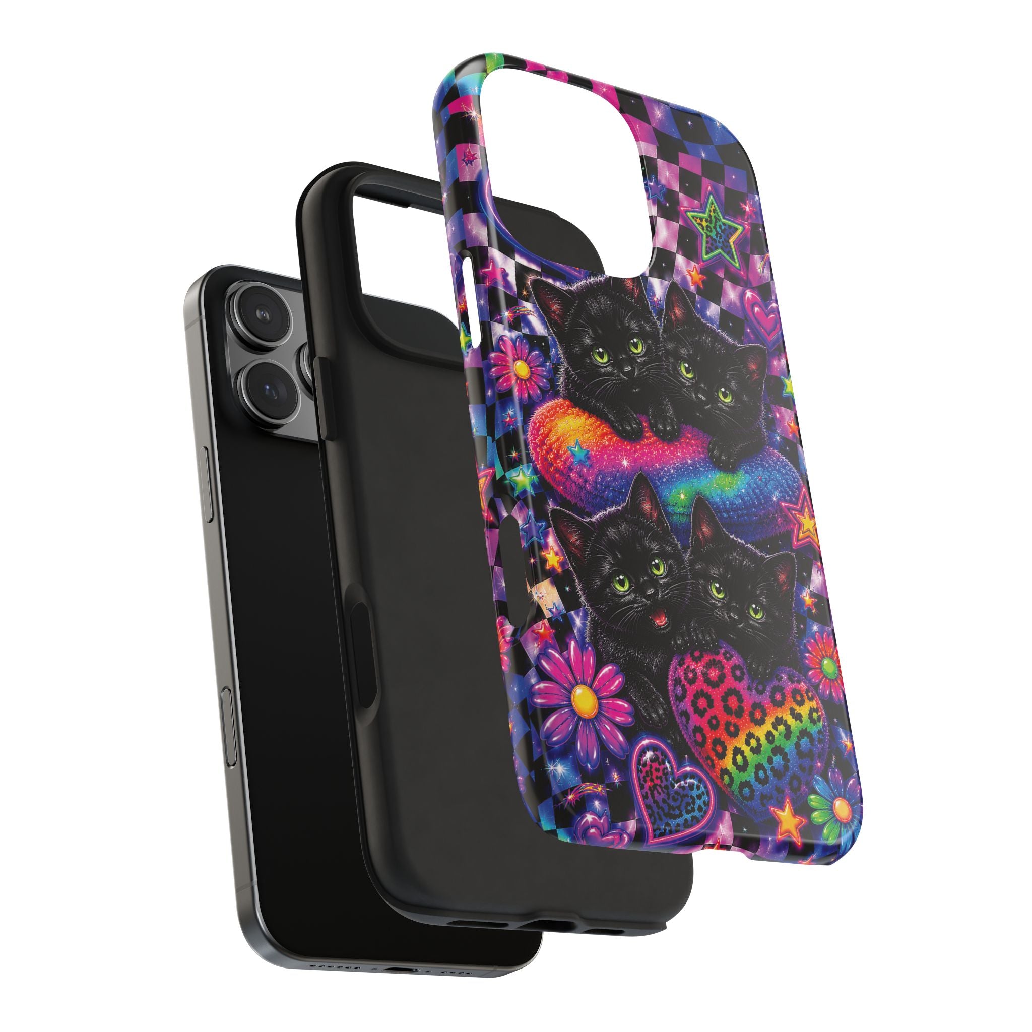 Cute 90's Retro Black Cats Phone Case | Neon Flowers, Checkerboard Design Iphone Samsung Phone Case