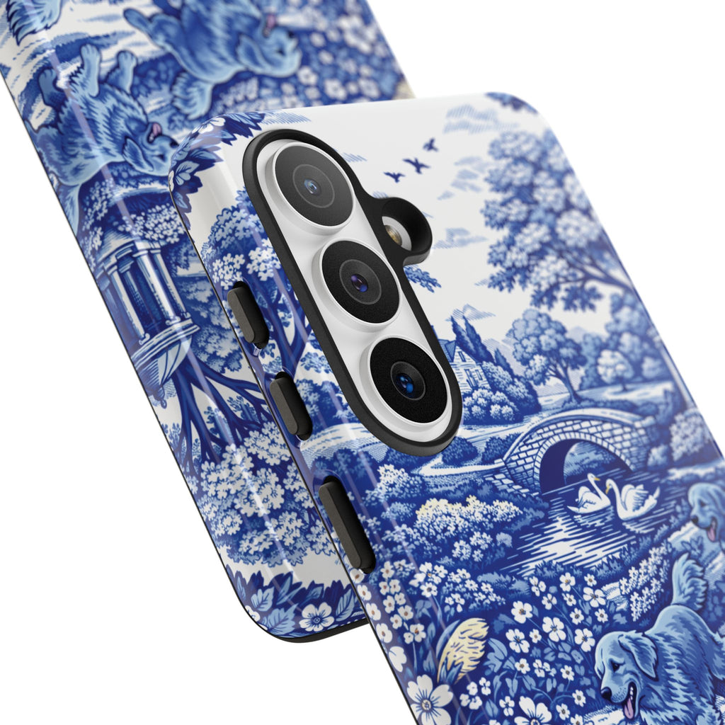 Golden Retriever Tough Phone Case, Chinoiserie Blue Dog Pattern, French Toile Aesthetic