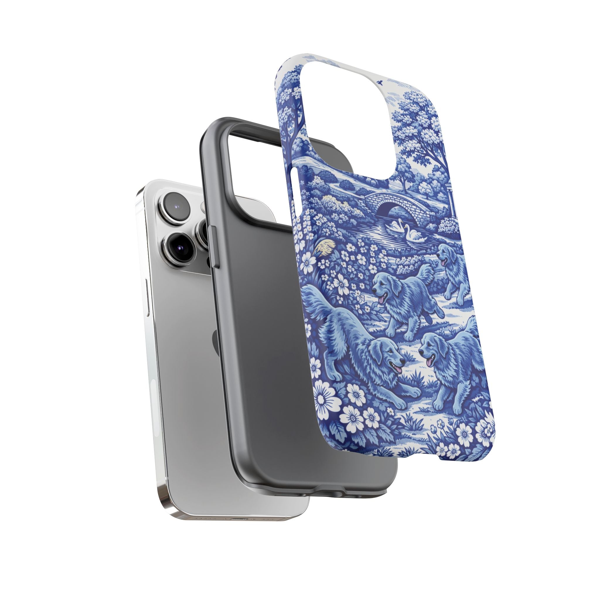 Golden Retriever Tough Phone Case, Chinoiserie Blue Dog Pattern, French Toile Aesthetic