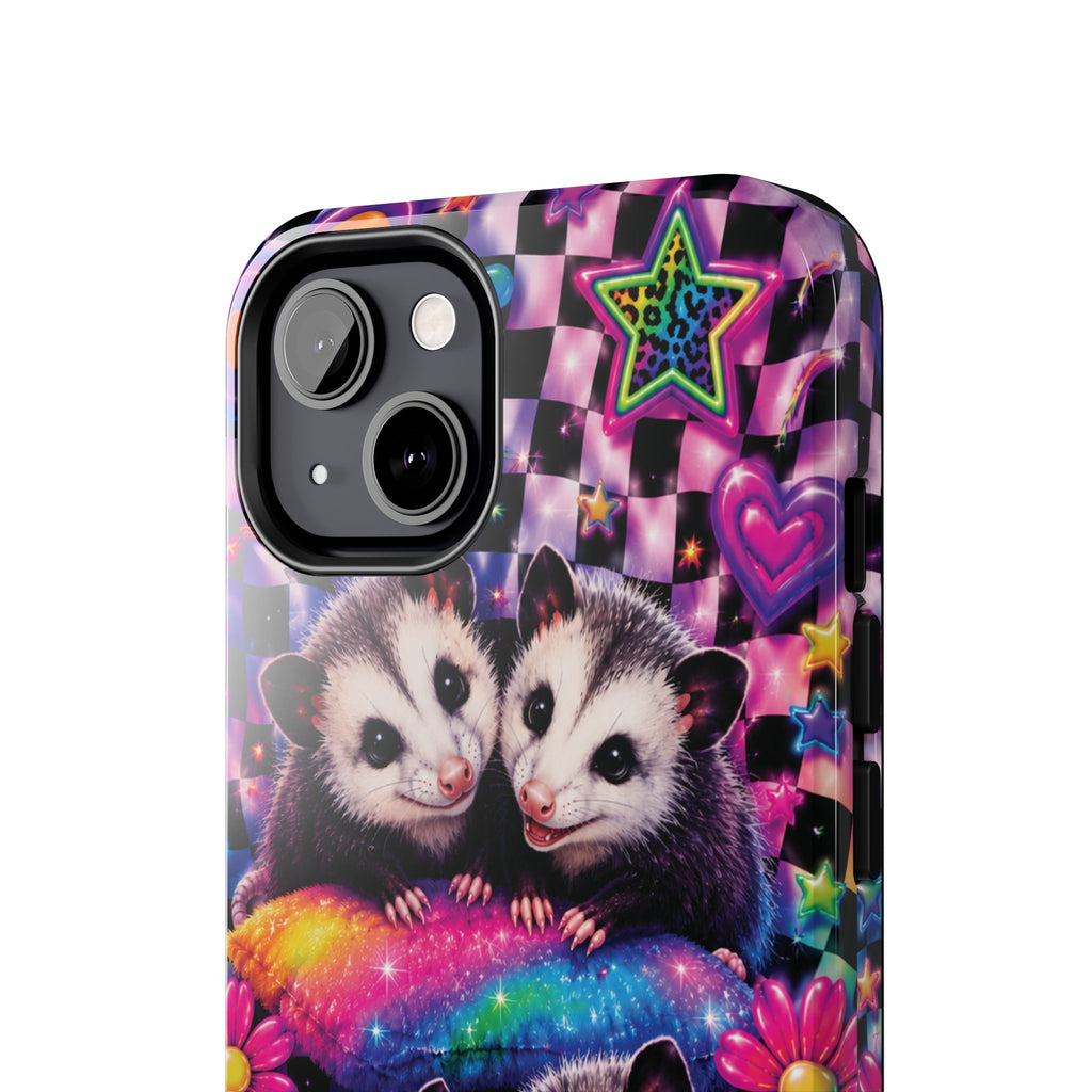 Cute 90's Retro Opossums Phone Case | Neon Flowers, Checkerboard Design Iphone Samsung Phone Case