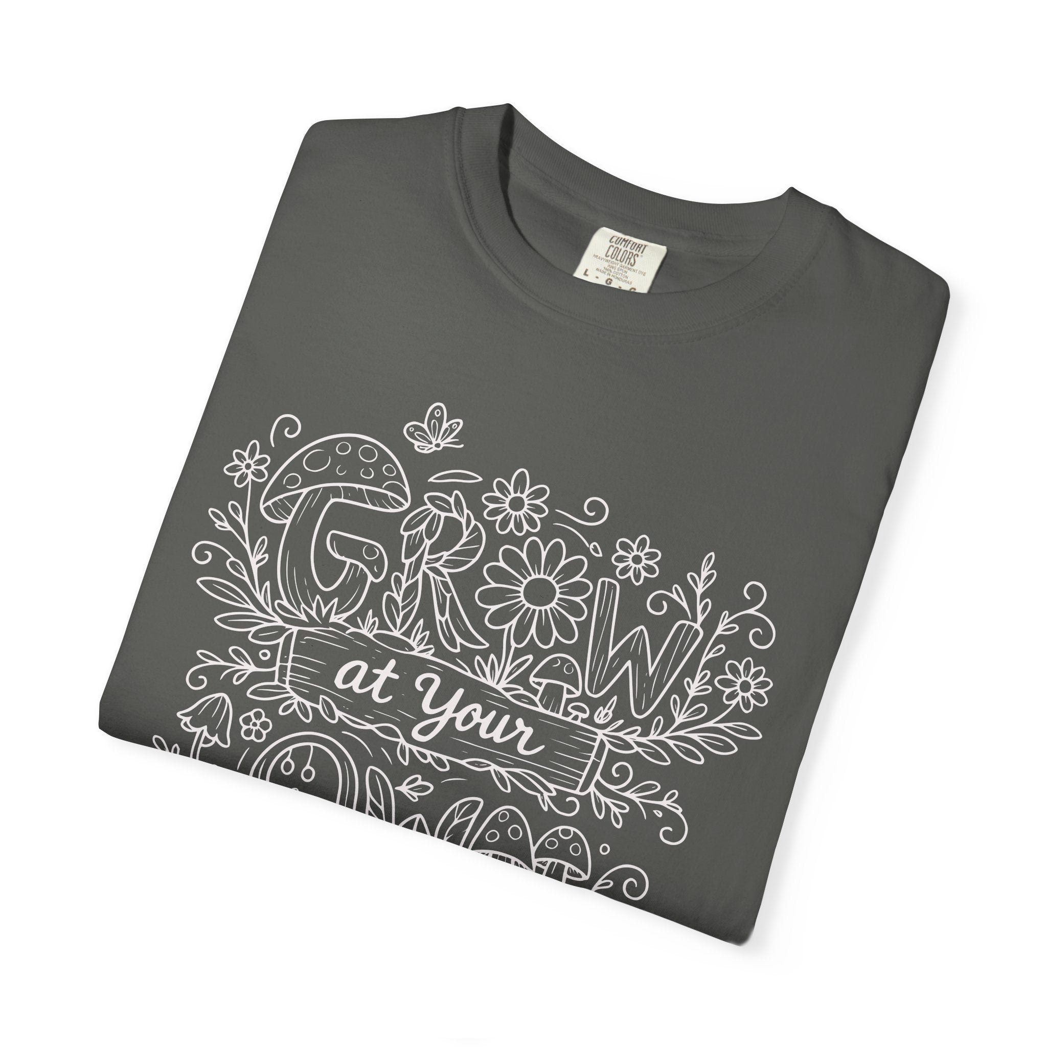 Grow at Your Own Pace Shirt, Comfort Colors Tee, Wildflower Mushroom Doodle Design, Minimalist Botanical Tee | Cottagecore Nature Graphic