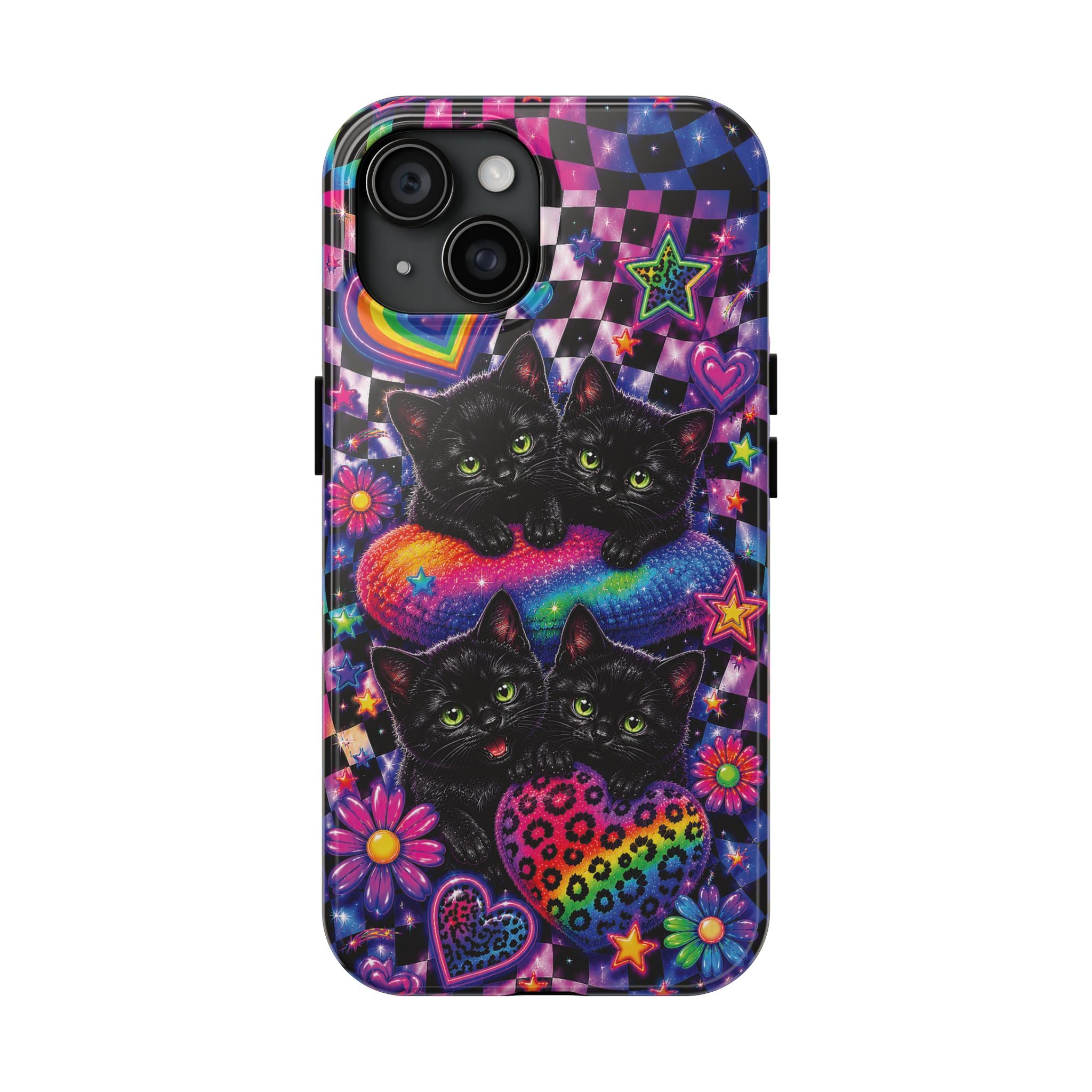 Cute 90's Retro Black Cats Phone Case | Neon Flowers, Checkerboard Design Iphone Samsung Phone Case