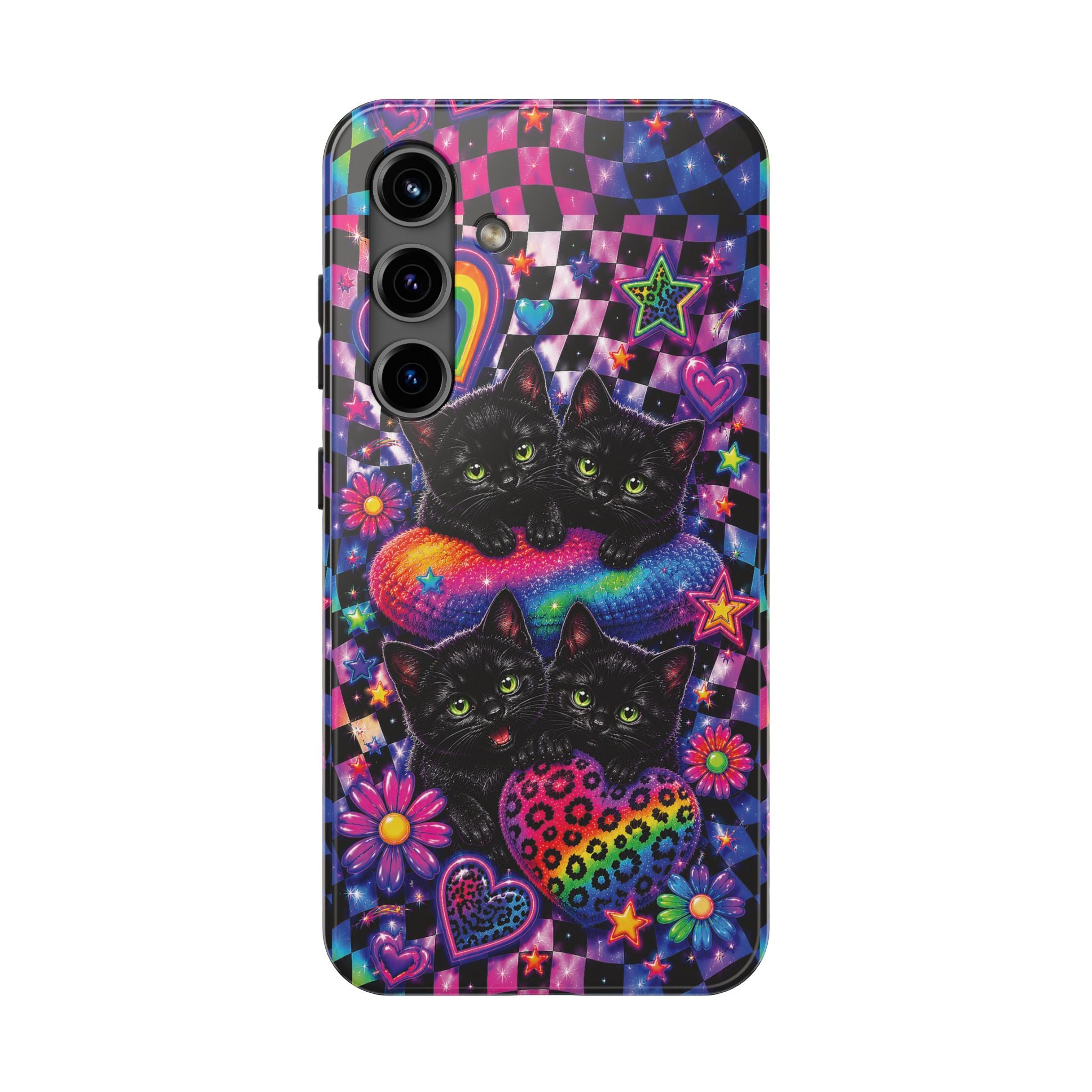 Cute 90's Retro Black Cats Phone Case | Neon Flowers, Checkerboard Design Iphone Samsung Phone Case