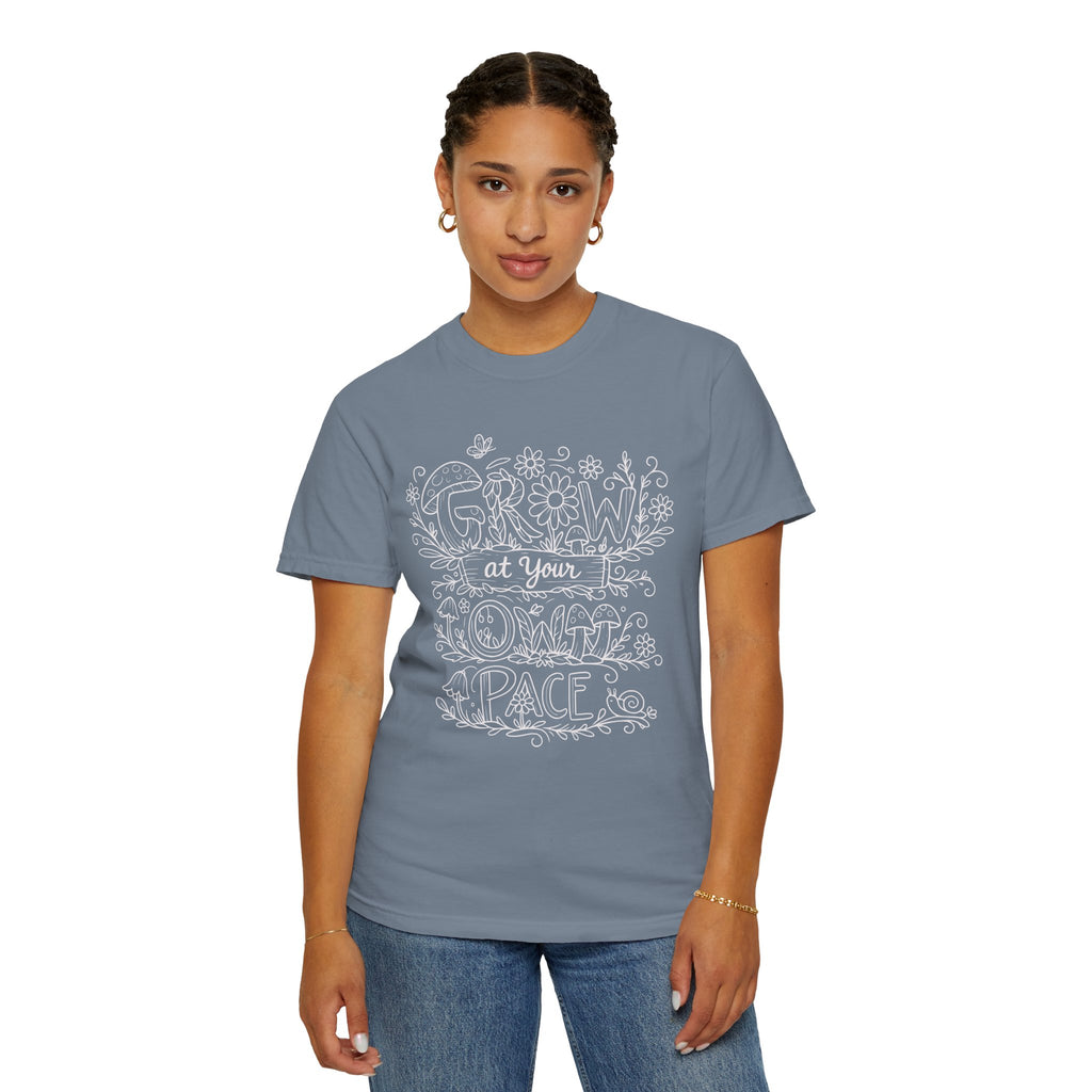 Grow at Your Own Pace Shirt, Comfort Colors Tee, Wildflower Mushroom Doodle Design, Minimalist Botanical Tee | Cottagecore Nature Graphic
