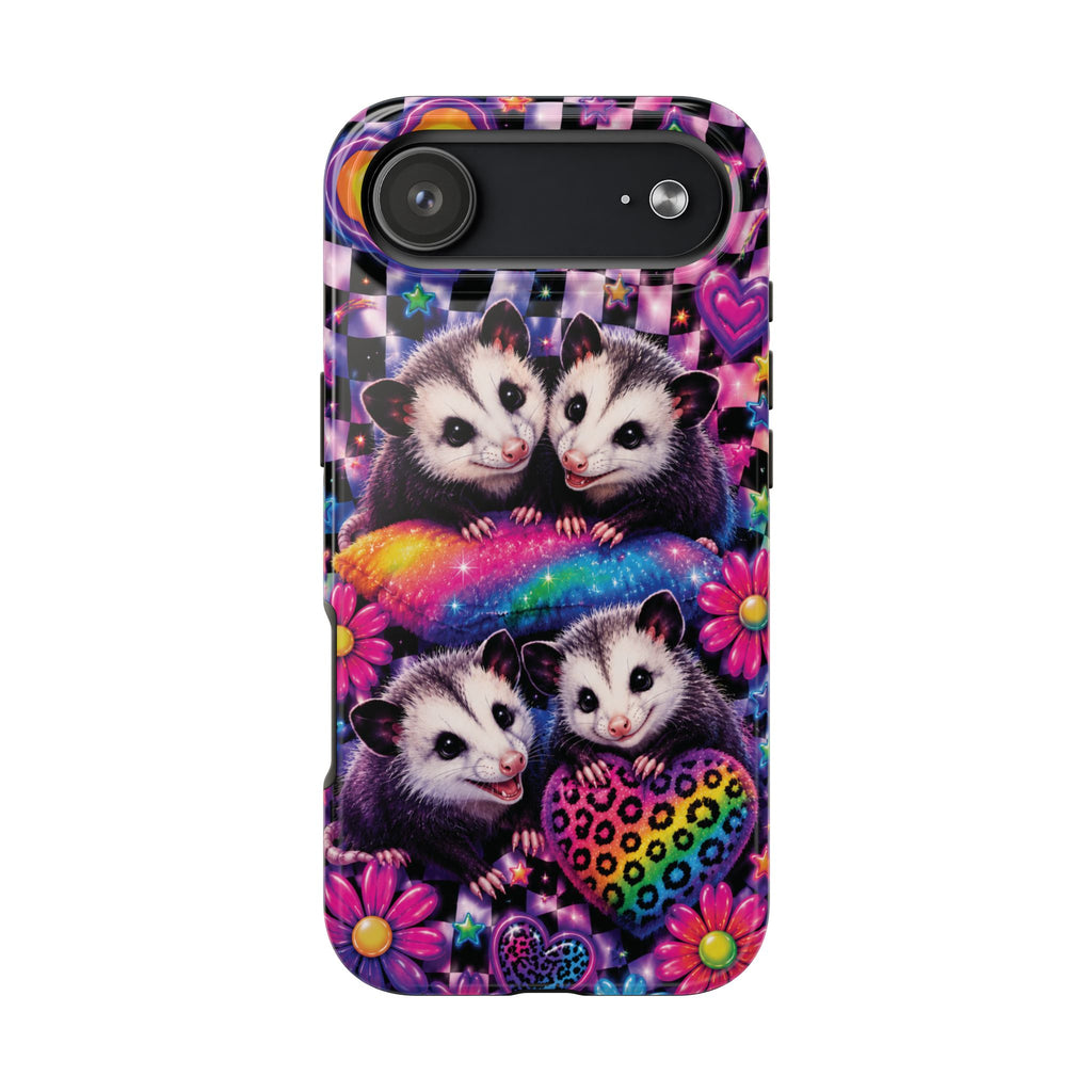 Cute 90's Retro Opossums Phone Case | Neon Flowers, Checkerboard Design Iphone Samsung Phone Case