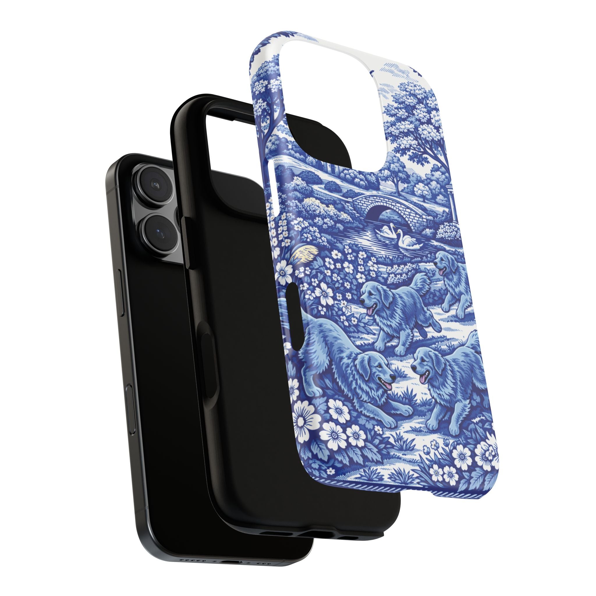 Golden Retriever Tough Phone Case, Chinoiserie Blue Dog Pattern, French Toile Aesthetic