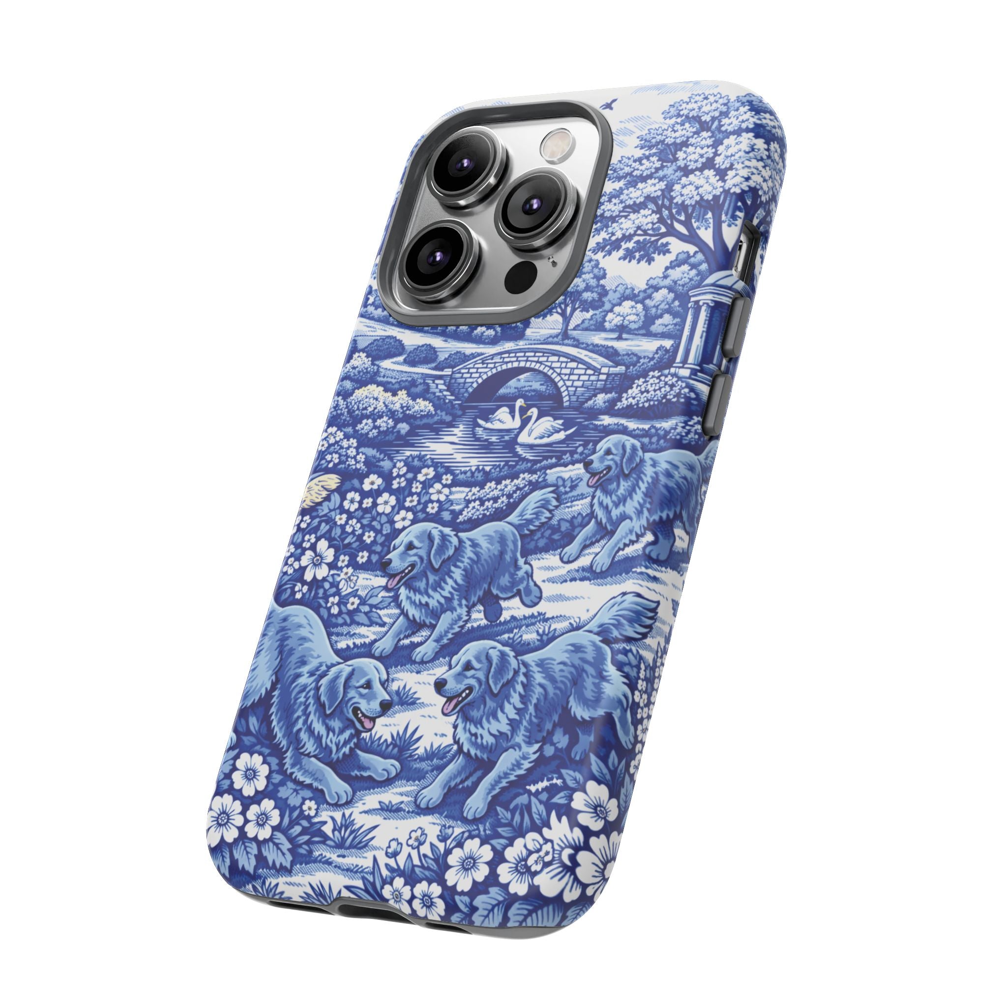 Golden Retriever Tough Phone Case, Chinoiserie Blue Dog Pattern, French Toile Aesthetic