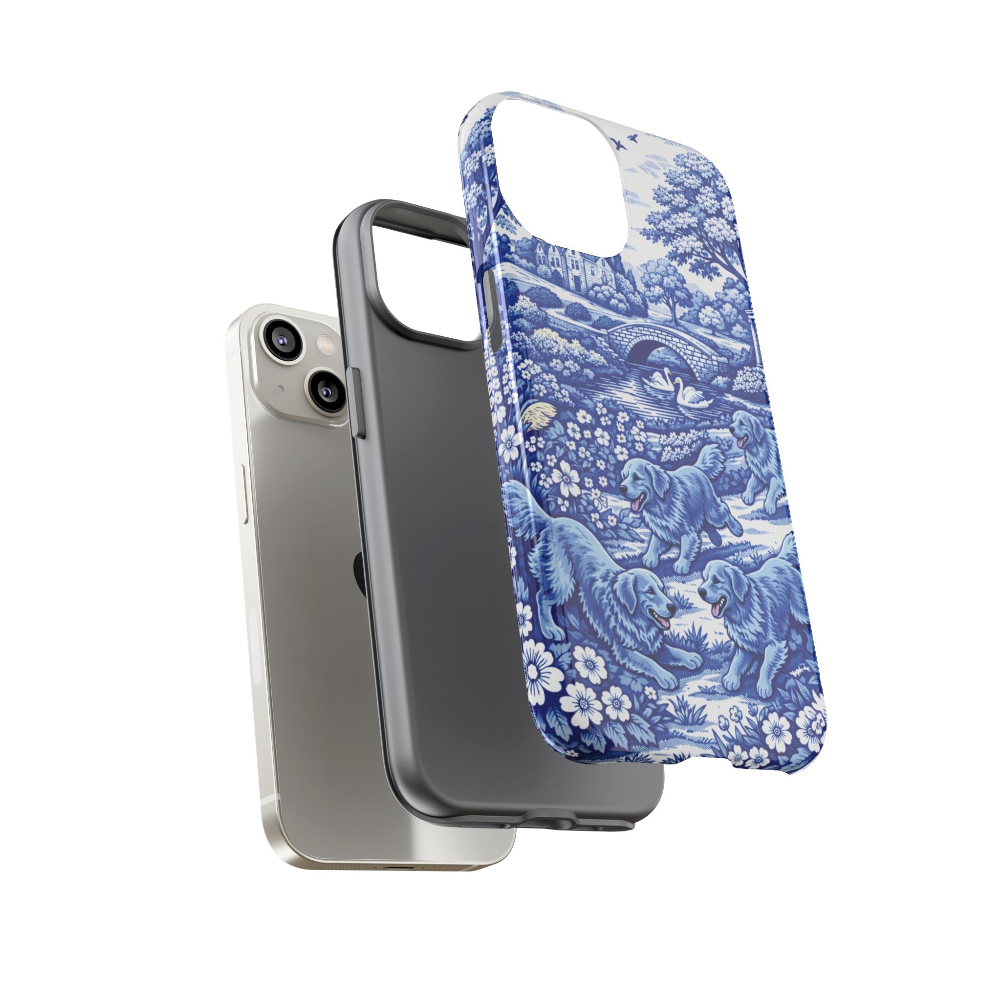 Golden Retriever Tough Phone Case, Chinoiserie Blue Dog Pattern, French Toile Aesthetic