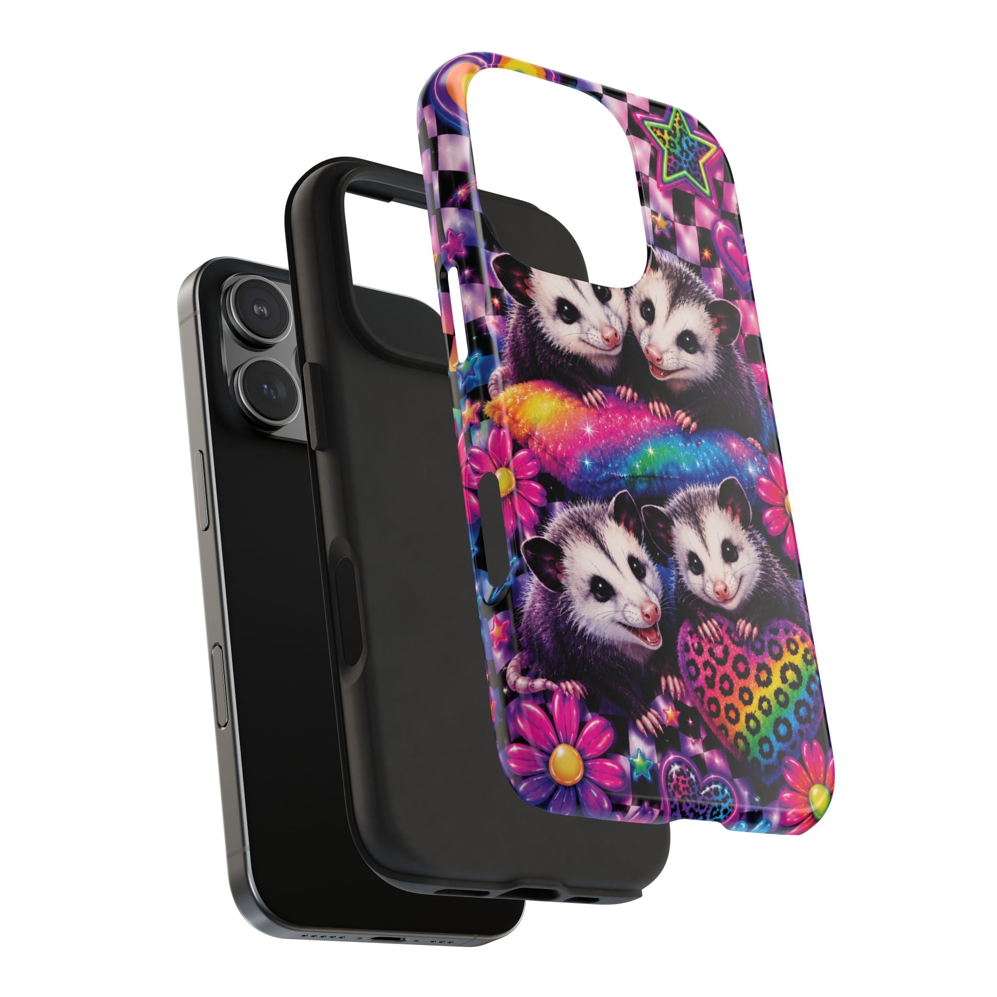 Cute 90's Retro Opossums Phone Case | Neon Flowers, Checkerboard Design Iphone Samsung Phone Case