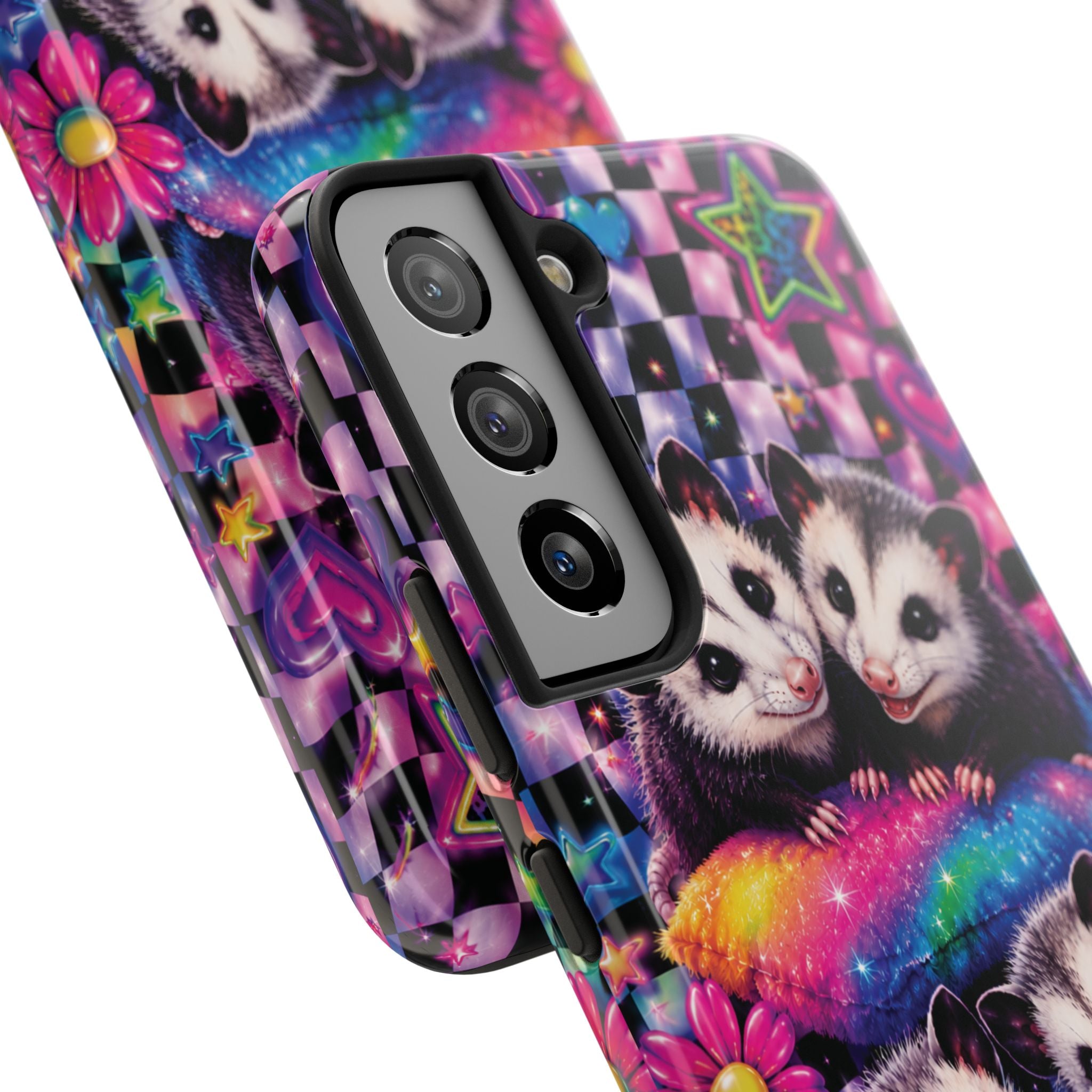 Cute 90's Retro Opossums Phone Case | Neon Flowers, Checkerboard Design Iphone Samsung Phone Case