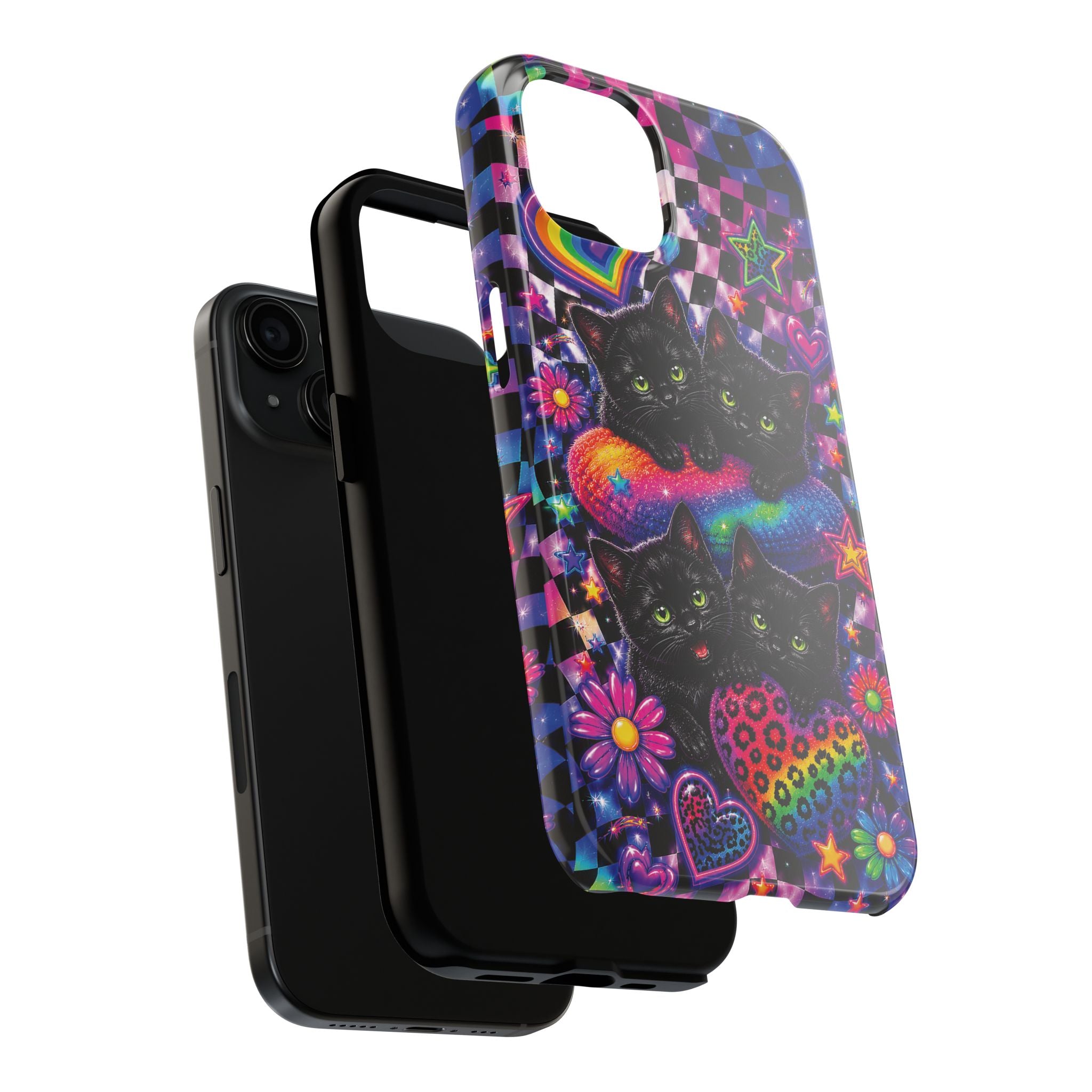 Cute 90's Retro Black Cats Phone Case | Neon Flowers, Checkerboard Design Iphone Samsung Phone Case