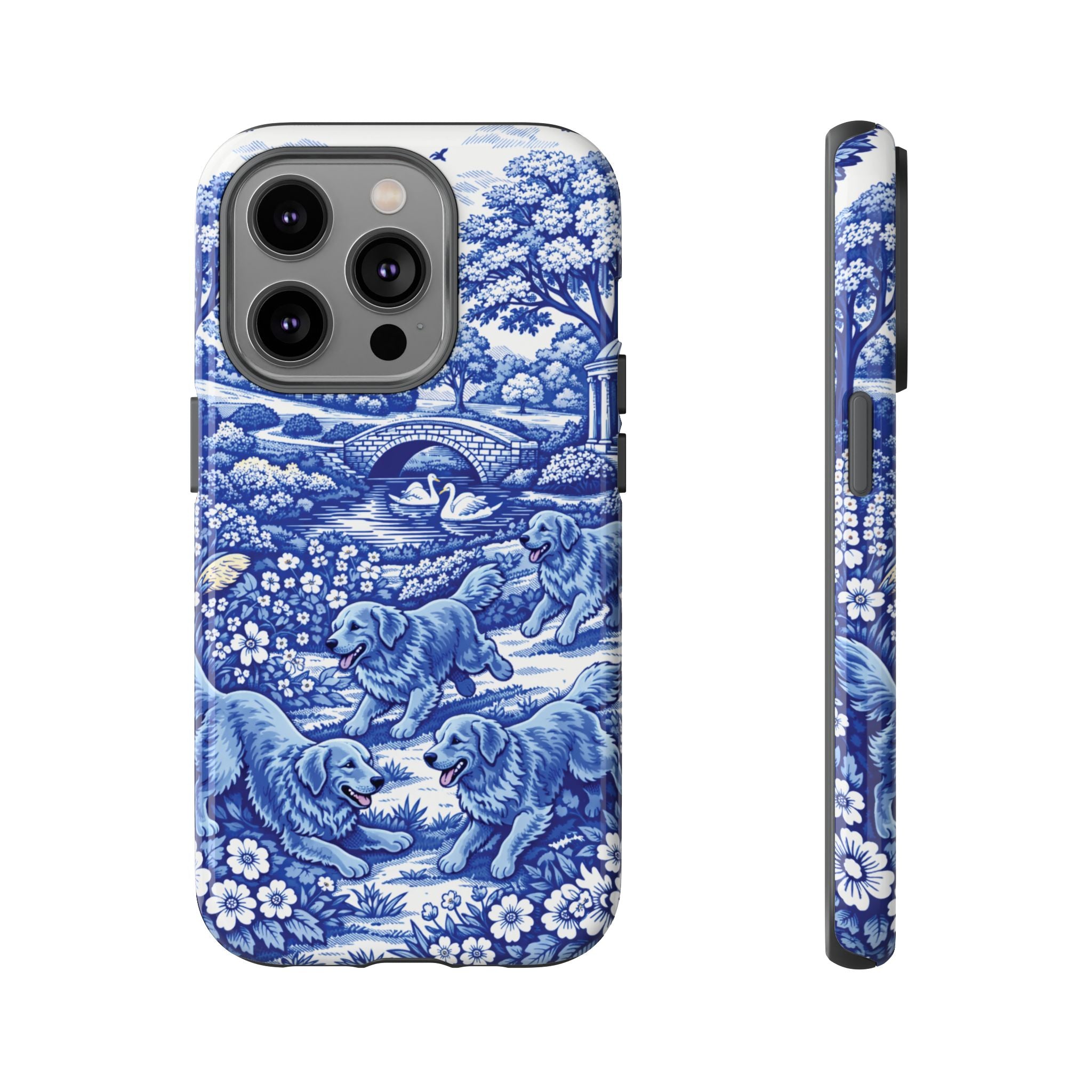 Golden Retriever Tough Phone Case, Chinoiserie Blue Dog Pattern, French Toile Aesthetic