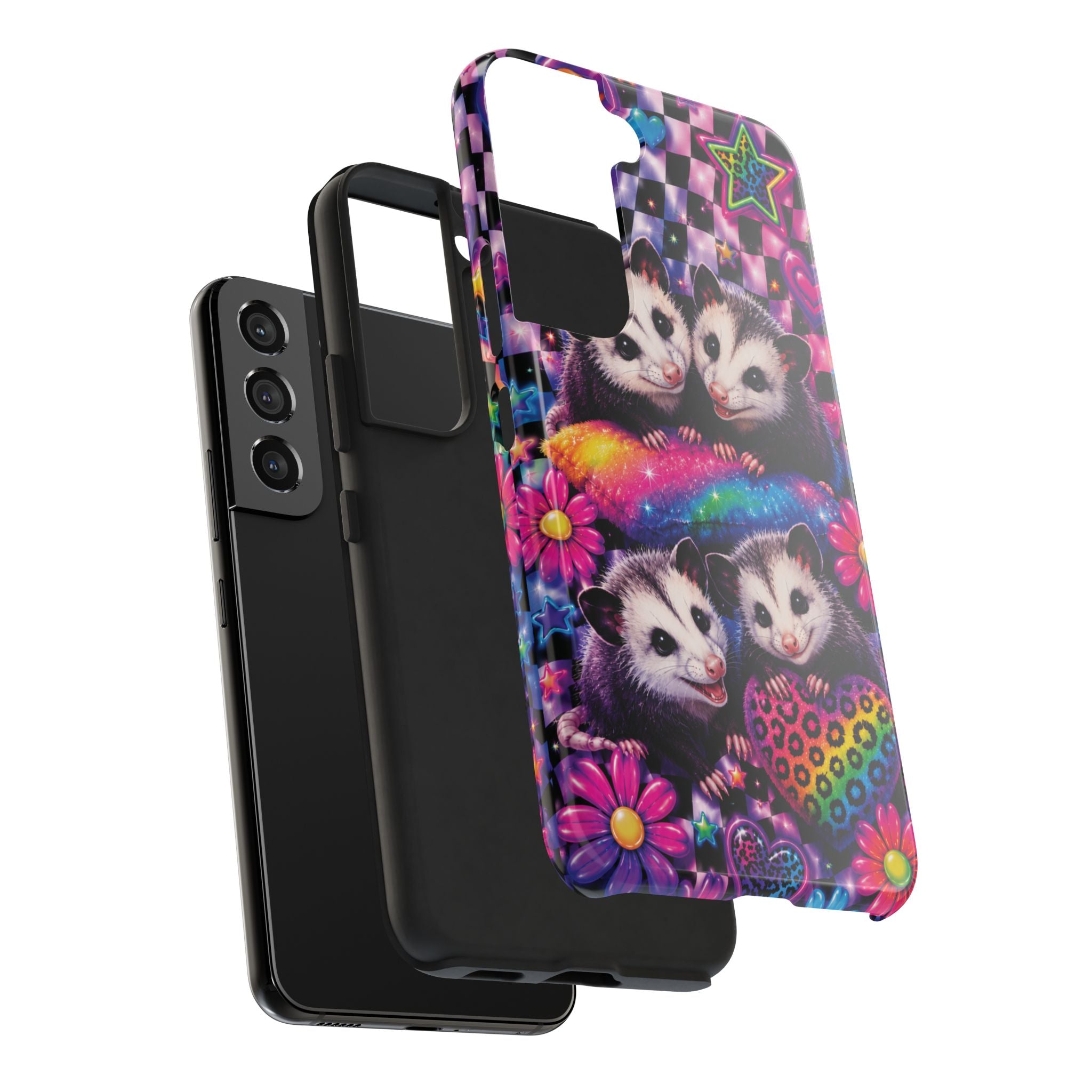 Cute 90's Retro Opossums Phone Case | Neon Flowers, Checkerboard Design Iphone Samsung Phone Case