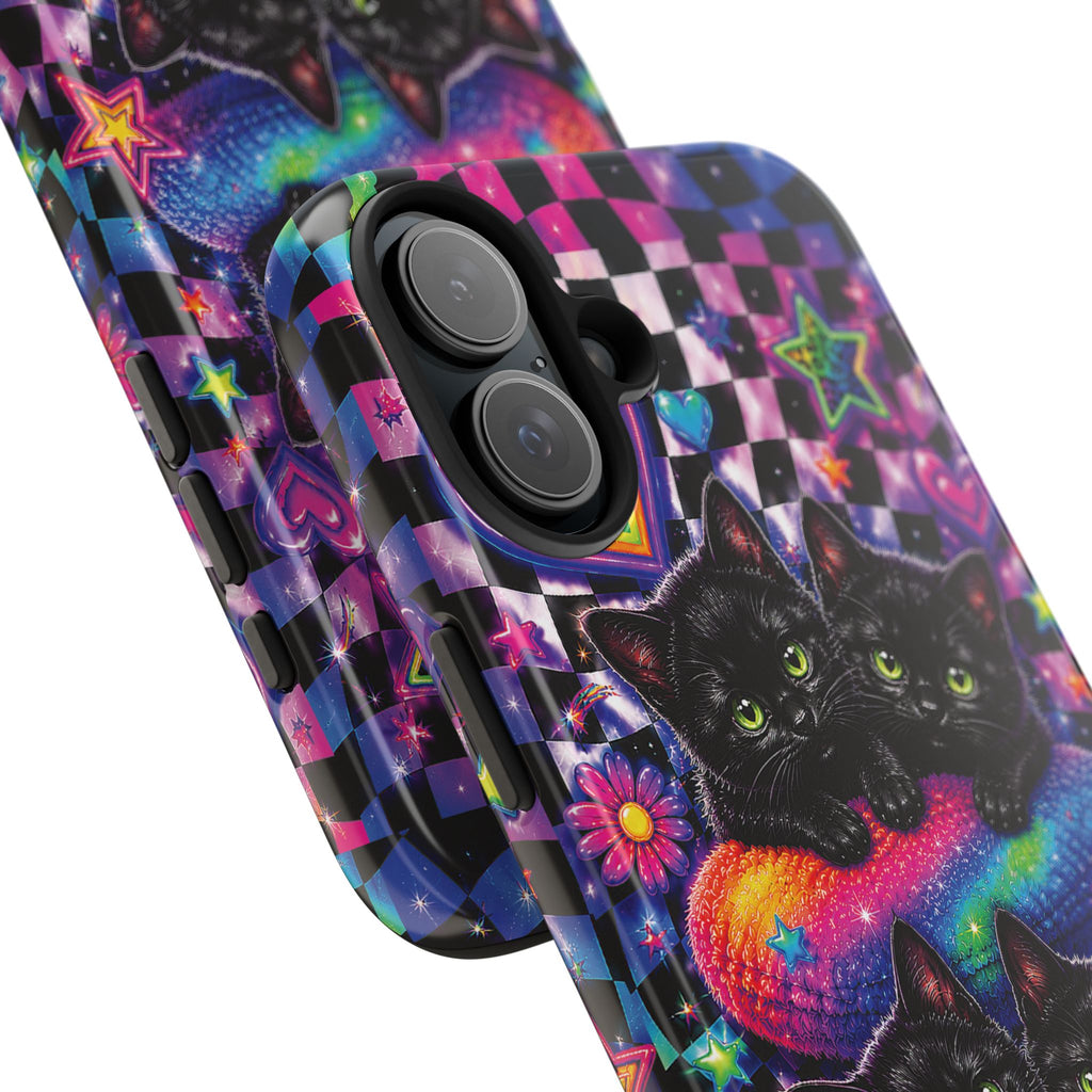 Cute 90's Retro Black Cats Phone Case | Neon Flowers, Checkerboard Design Iphone Samsung Phone Case