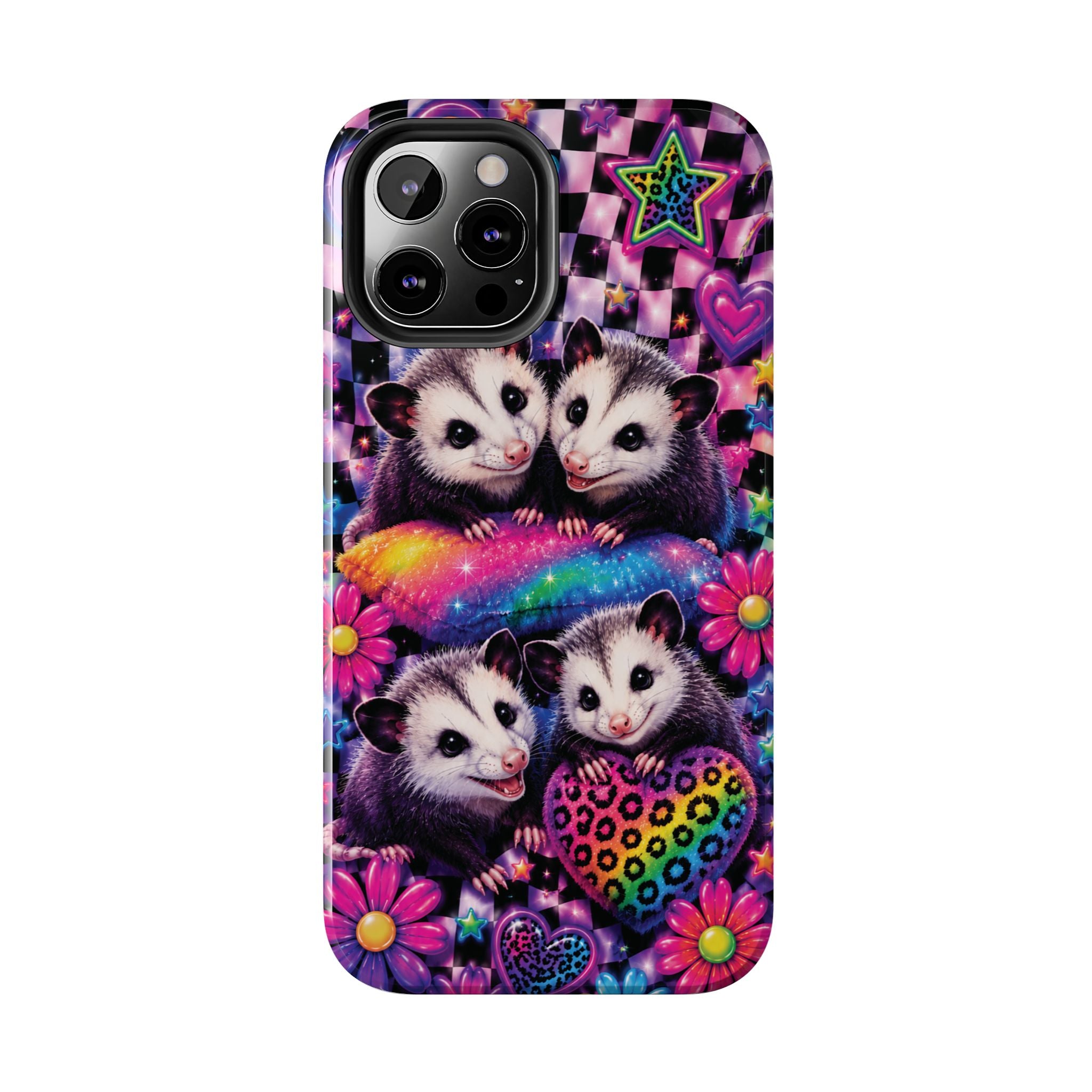 Cute 90's Retro Opossums Phone Case | Neon Flowers, Checkerboard Design Iphone Samsung Phone Case