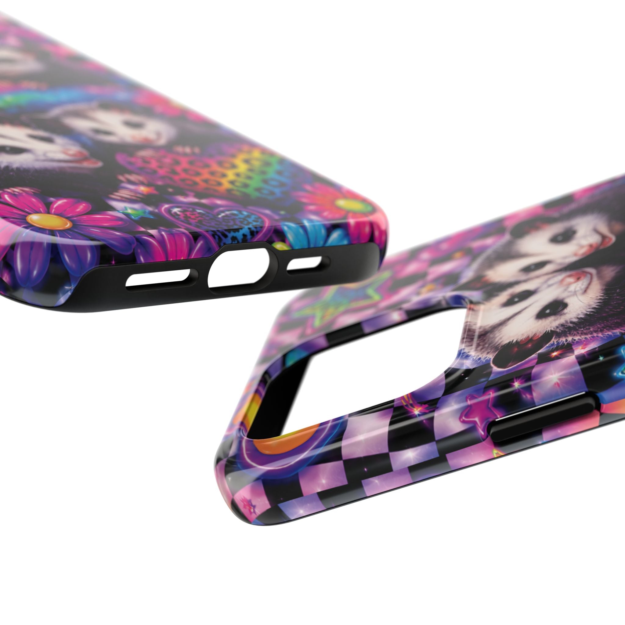 Cute 90's Retro Opossums Phone Case | Neon Flowers, Checkerboard Design Iphone Samsung Phone Case
