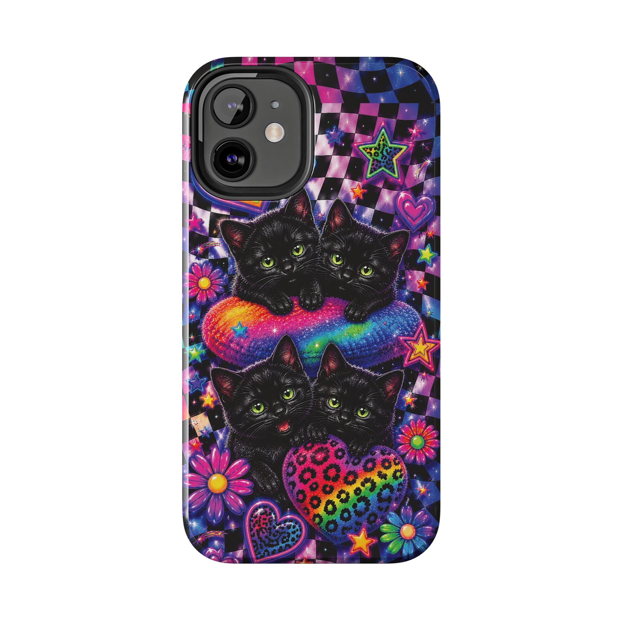 Cute 90's Retro Black Cats Phone Case | Neon Flowers, Checkerboard Design Iphone Samsung Phone Case