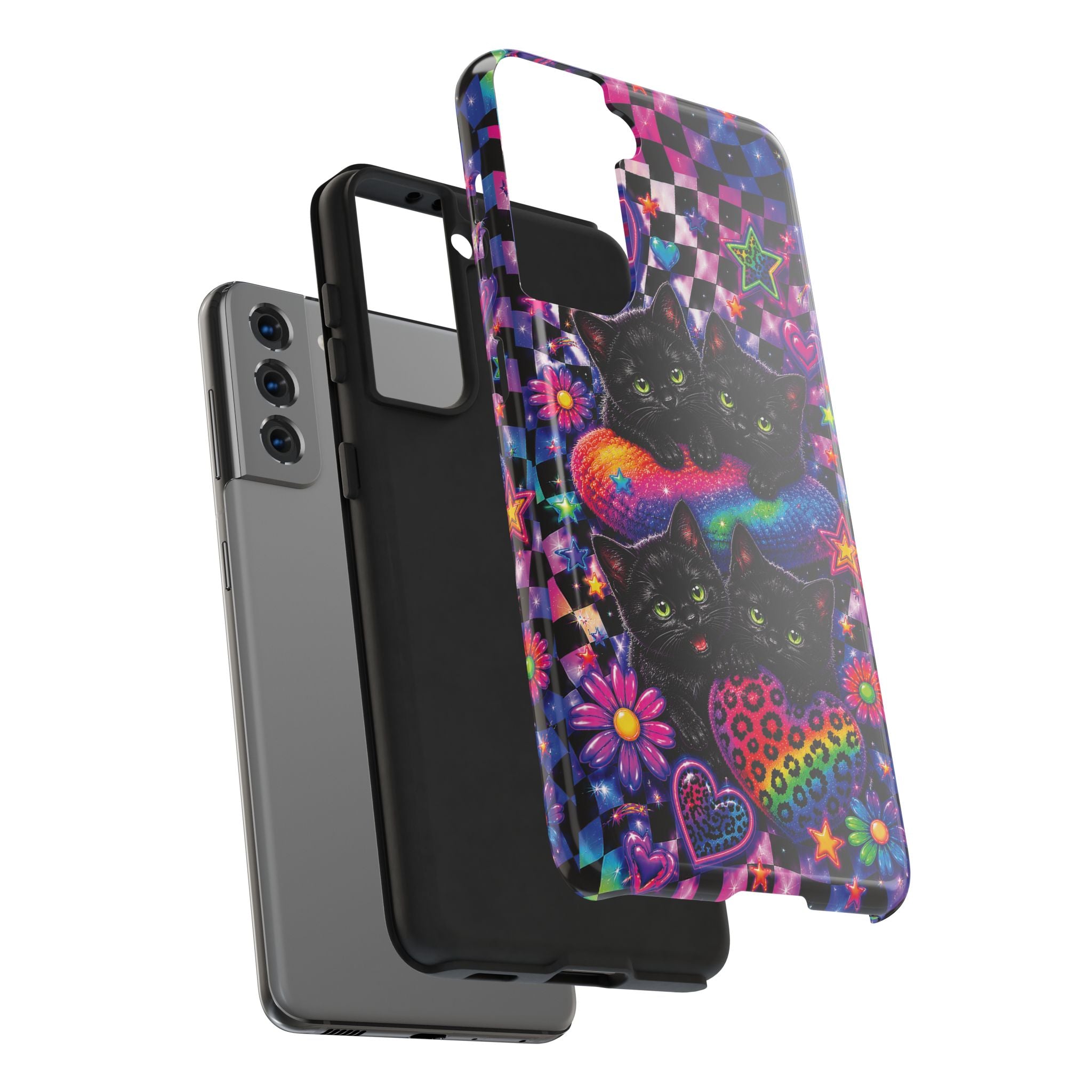 Cute 90's Retro Black Cats Phone Case | Neon Flowers, Checkerboard Design Iphone Samsung Phone Case