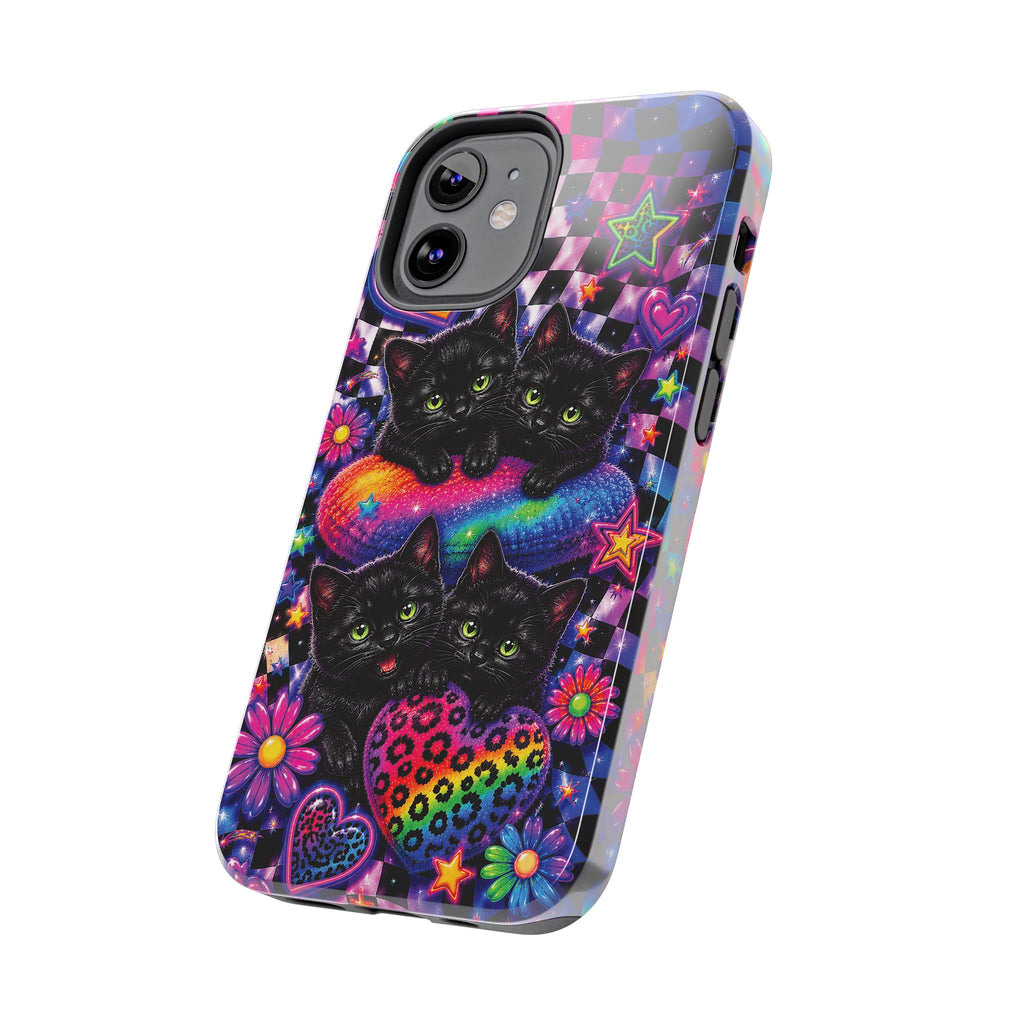 Cute 90's Retro Black Cats Phone Case | Neon Flowers, Checkerboard Design Iphone Samsung Phone Case
