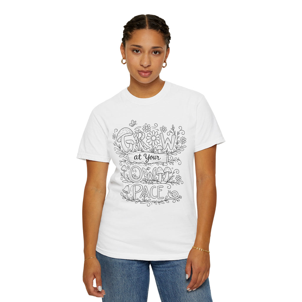 Grow at Your Own Pace Shirt, Comfort Colors Tee, Wildflower Mushroom Doodle Design, Minimalist Botanical Tee | Cottagecore Nature Graphic