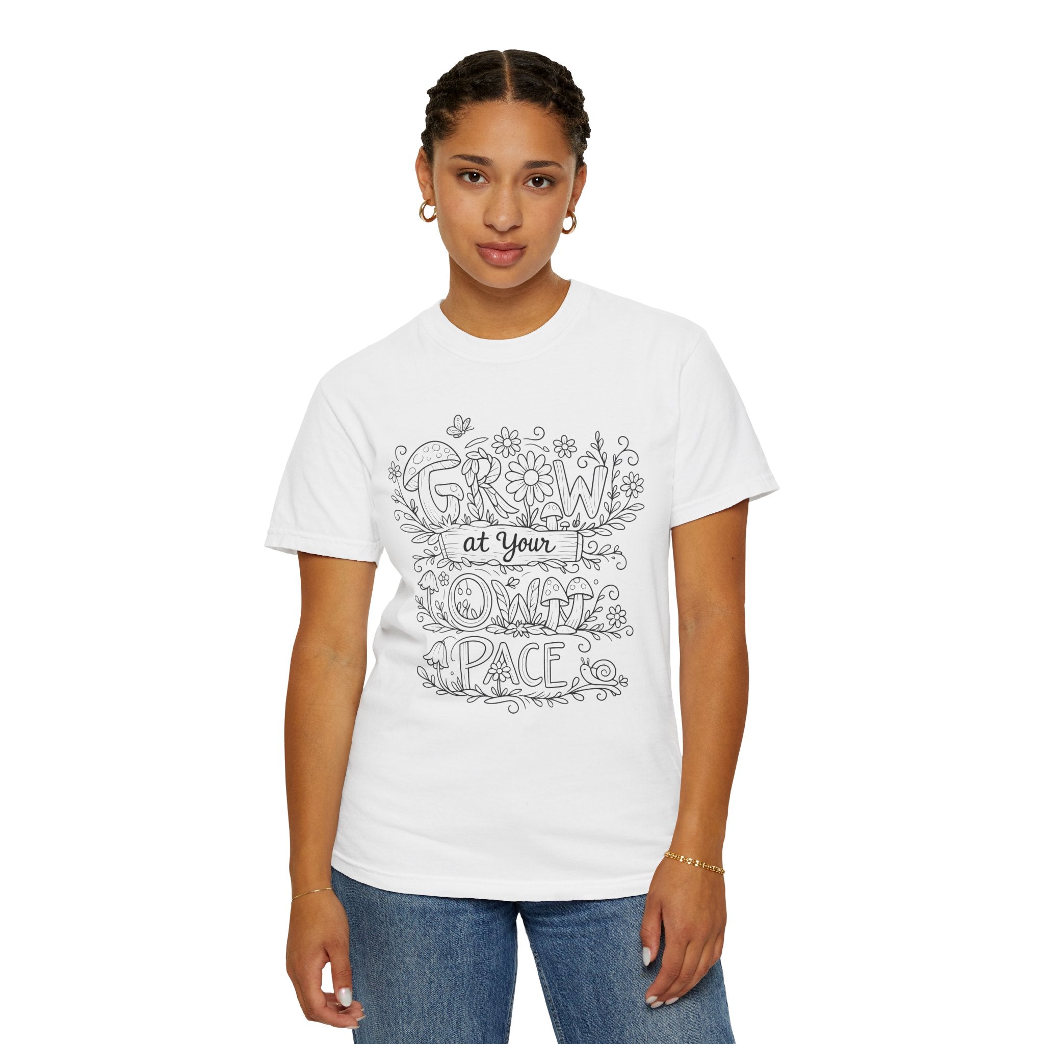 Grow at Your Own Pace Shirt, Comfort Colors Tee, Wildflower Mushroom Doodle Design, Minimalist Botanical Tee | Cottagecore Nature Graphic