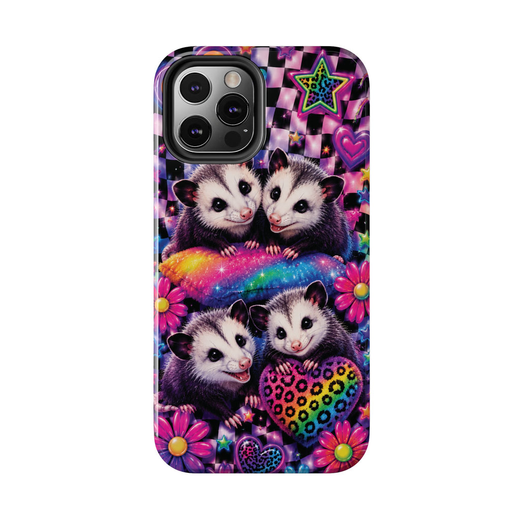 Cute 90's Retro Opossums Phone Case | Neon Flowers, Checkerboard Design Iphone Samsung Phone Case
