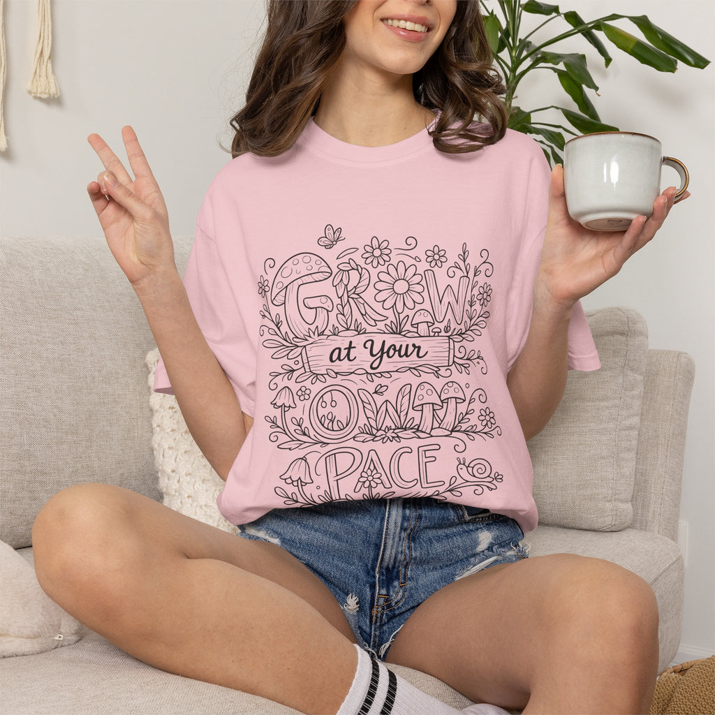Grow at Your Own Pace Shirt, Comfort Colors Tee, Wildflower Mushroom Doodle Design, Minimalist Botanical Tee | Cottagecore Nature Graphic