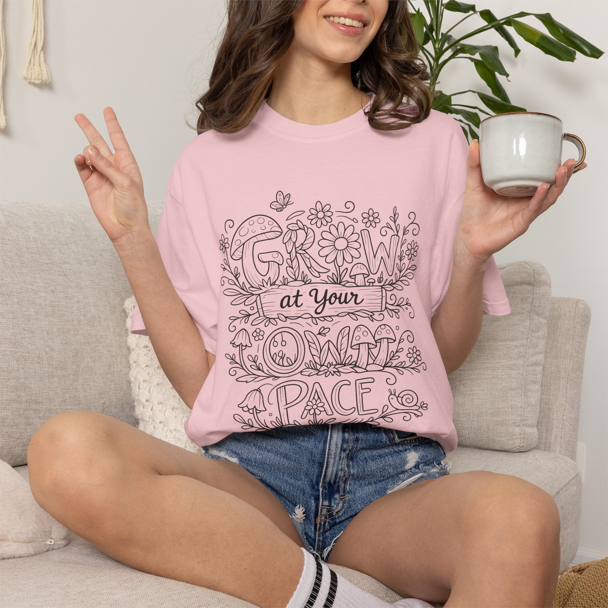 Grow at Your Own Pace Shirt, Comfort Colors Tee, Wildflower Mushroom Doodle Design, Minimalist Botanical Tee | Cottagecore Nature Graphic