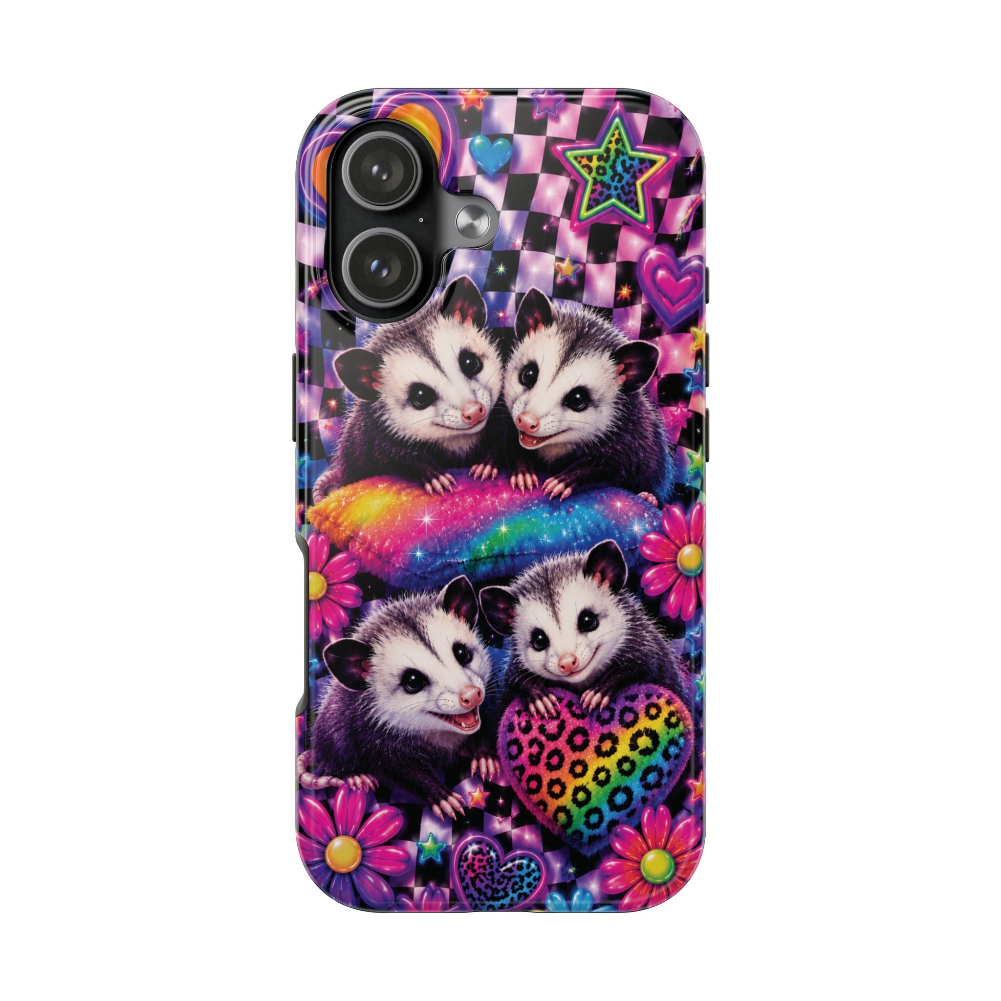Cute 90's Retro Opossums Phone Case | Neon Flowers, Checkerboard Design Iphone Samsung Phone Case