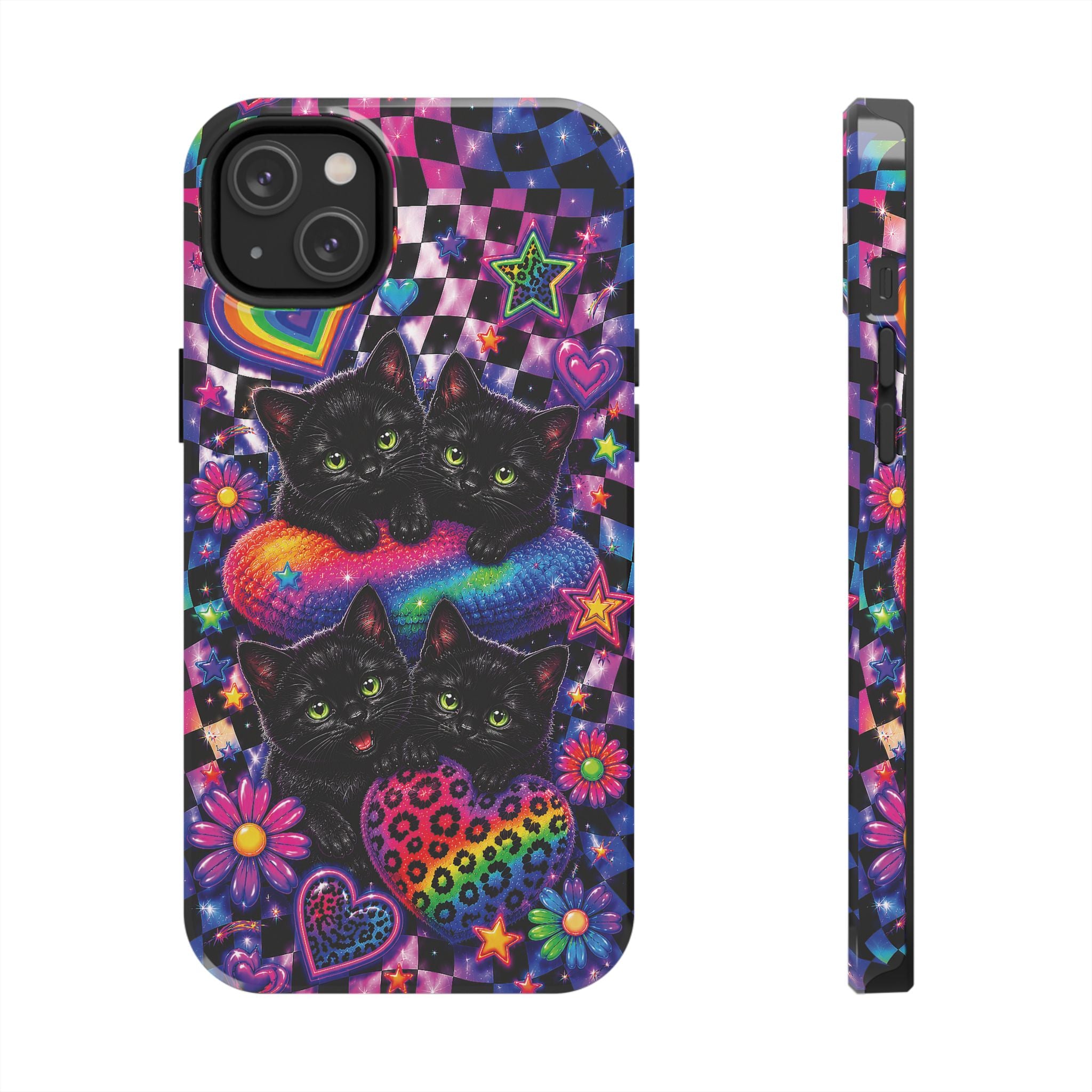 Cute 90's Retro Black Cats Phone Case | Neon Flowers, Checkerboard Design Iphone Samsung Phone Case