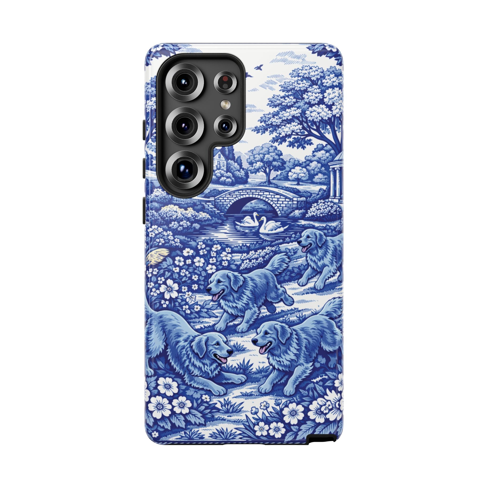 Golden Retriever Tough Phone Case, Chinoiserie Blue Dog Pattern, French Toile Aesthetic