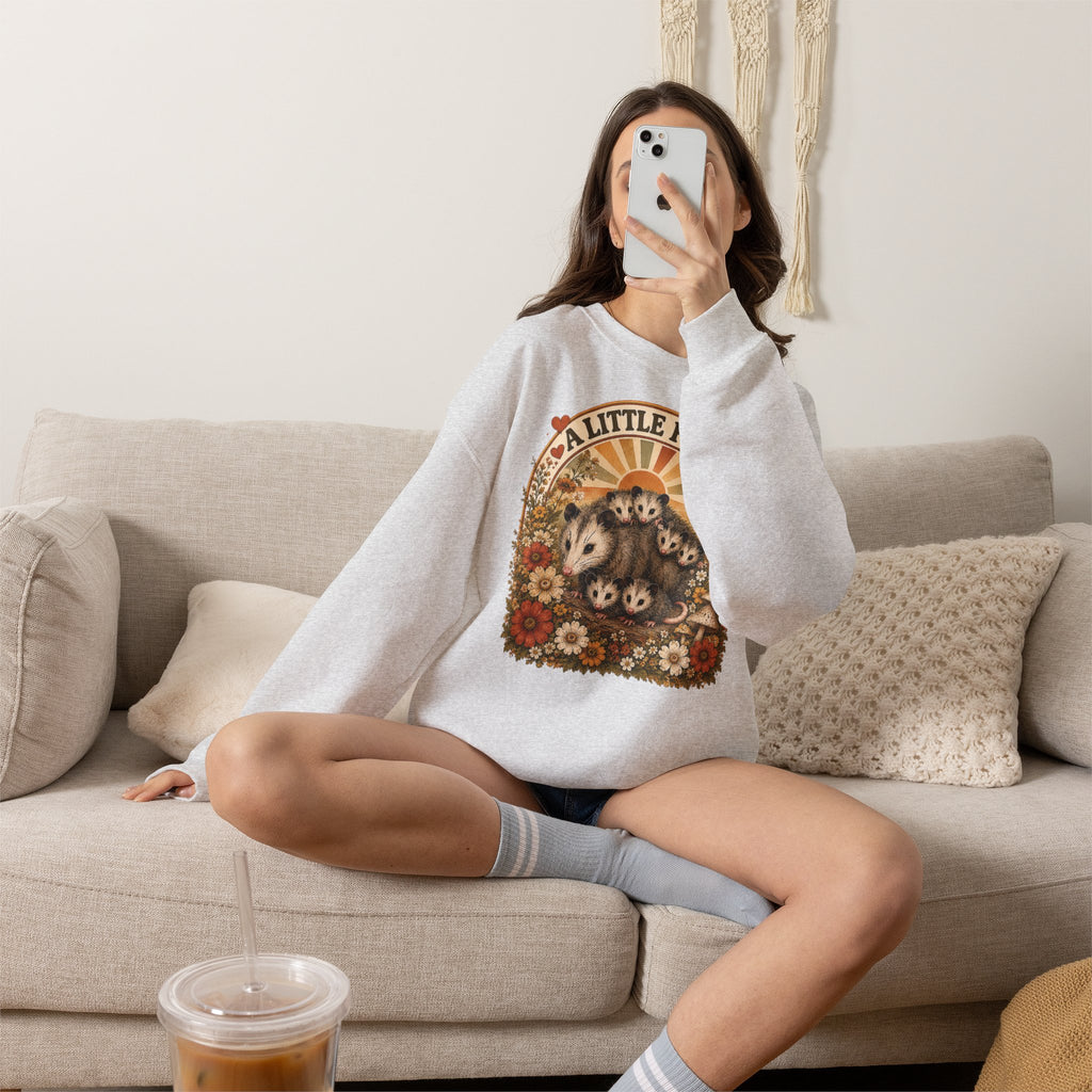 Retro Cute Opossum Sweatshirt | Vintage Floral Design, 1970's Style Sweatshirt Graphic