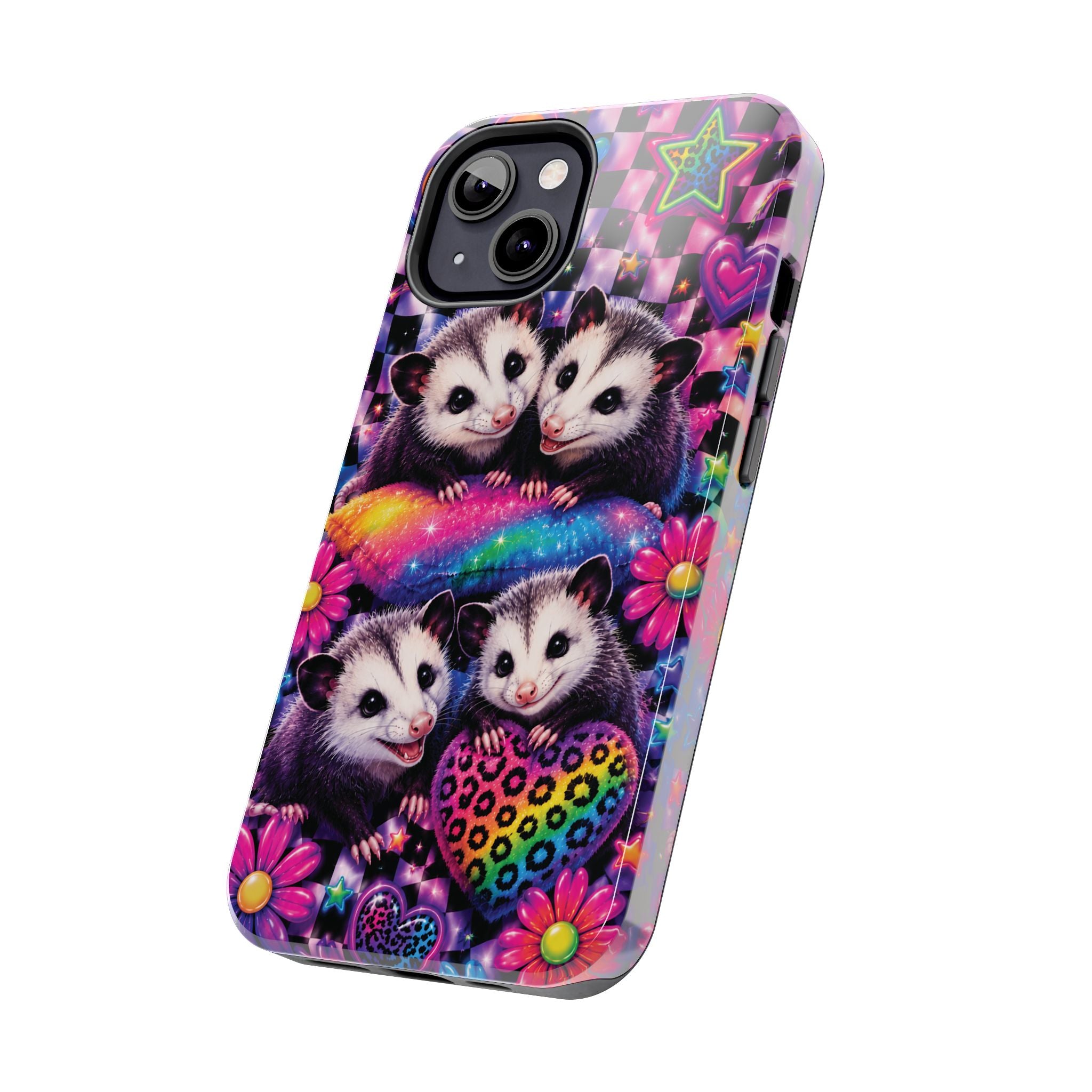 Cute 90's Retro Opossums Phone Case | Neon Flowers, Checkerboard Design Iphone Samsung Phone Case