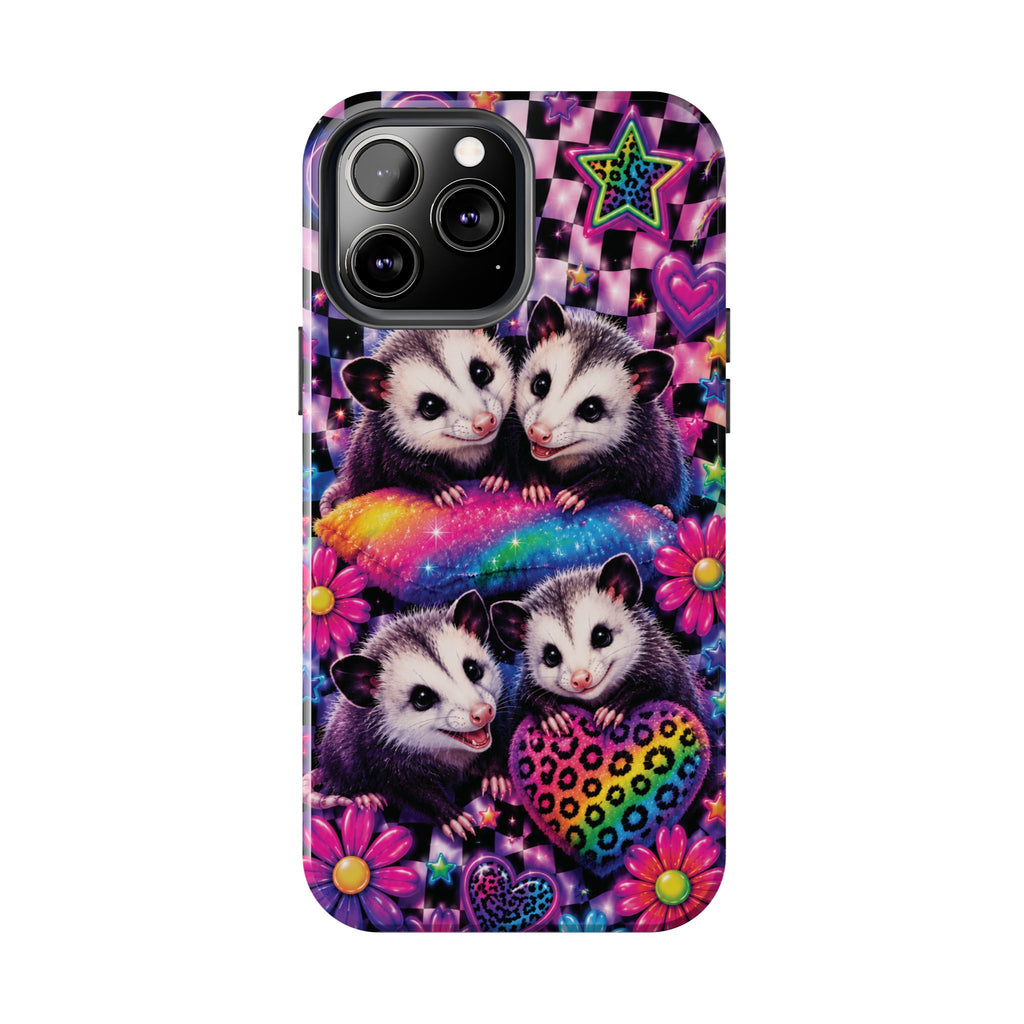 Cute 90's Retro Opossums Phone Case | Neon Flowers, Checkerboard Design Iphone Samsung Phone Case