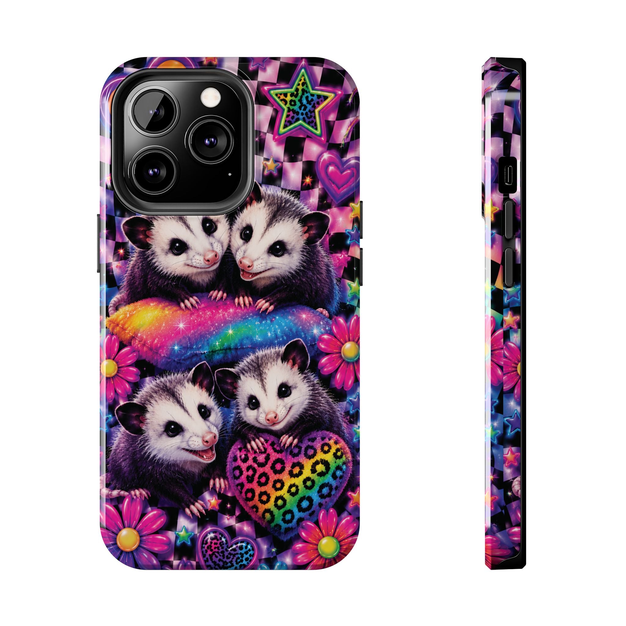 Cute 90's Retro Opossums Phone Case | Neon Flowers, Checkerboard Design Iphone Samsung Phone Case