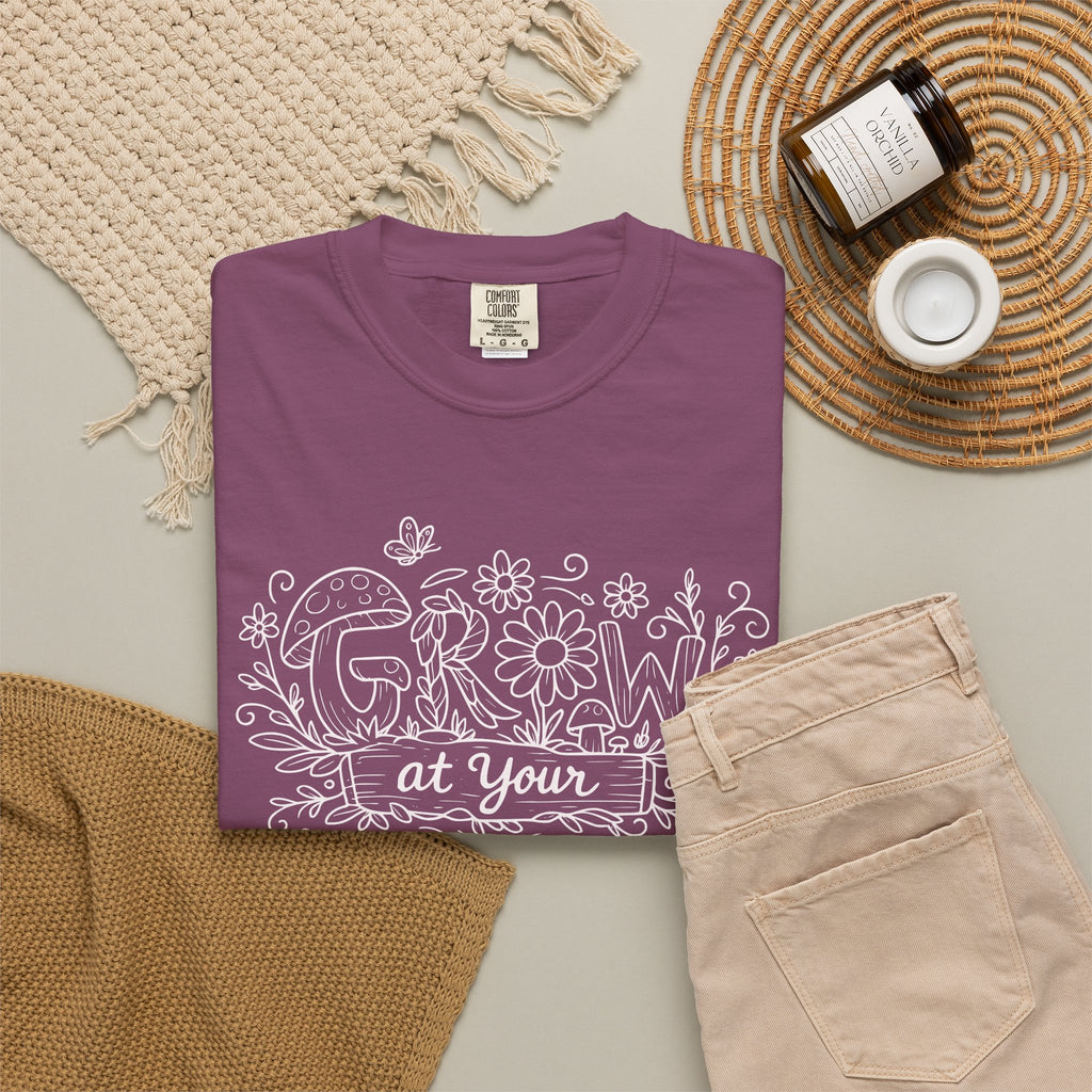 Grow at Your Own Pace Shirt, Comfort Colors Tee, Wildflower Mushroom Doodle Design, Minimalist Botanical Tee | Cottagecore Nature Graphic